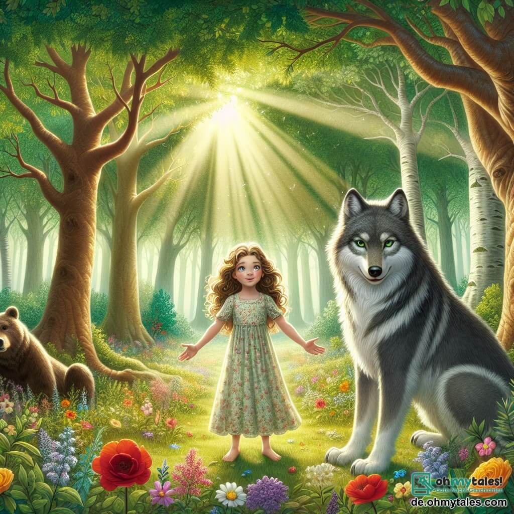 Eine Illustration zeigt eine magische Szene auf einer sonnigen Lichtung im Herzen eines dichten Waldes. Die majestätischen Bäume mit dicken Stämmen und üppigem Laub bilden ein natürliches Dach, durch das Sonnenstrahlen den mit bunten Blumen übersäten Boden erhellen. In der Mitte der Lichtung steht ein 11-jähriges Mädchen mit langen, lockigen, goldenen Haaren, das ein leichtes Kleid mit Blumenmuster trägt. Ihre neugierigen Augen funkeln und ihr Lächeln ist mutig. Sie steht mit leicht gespreizten Armen und schaut bewundernd einen großen, glänzend grauen Wolf an, der neben ihr sitzt. Der Wolf mit leuchtend grünen Augen und majestätischer Haltung wirkt freundlich und beschützend. In der Nähe beobachtet ein großer, brauner Bär mit dickem Fell und weisem Blick die Szene mit einem wohlwollenden Ausdruck und ist bereit, seine neuen Freunde zu verteidigen. Die Hauptsituation zeigt das Mädchen, den Wolf und den Bären vereint in einer Mission, um die Magie des Waldes zu retten, umgeben von leuchtenden Blumen und einer Atmosphäre der Kameradschaft. Bunte Schmetterlinge fliegen um sie herum und verleihen dieser Szene von Freundschaft und Mut einen Hauch von Magie.