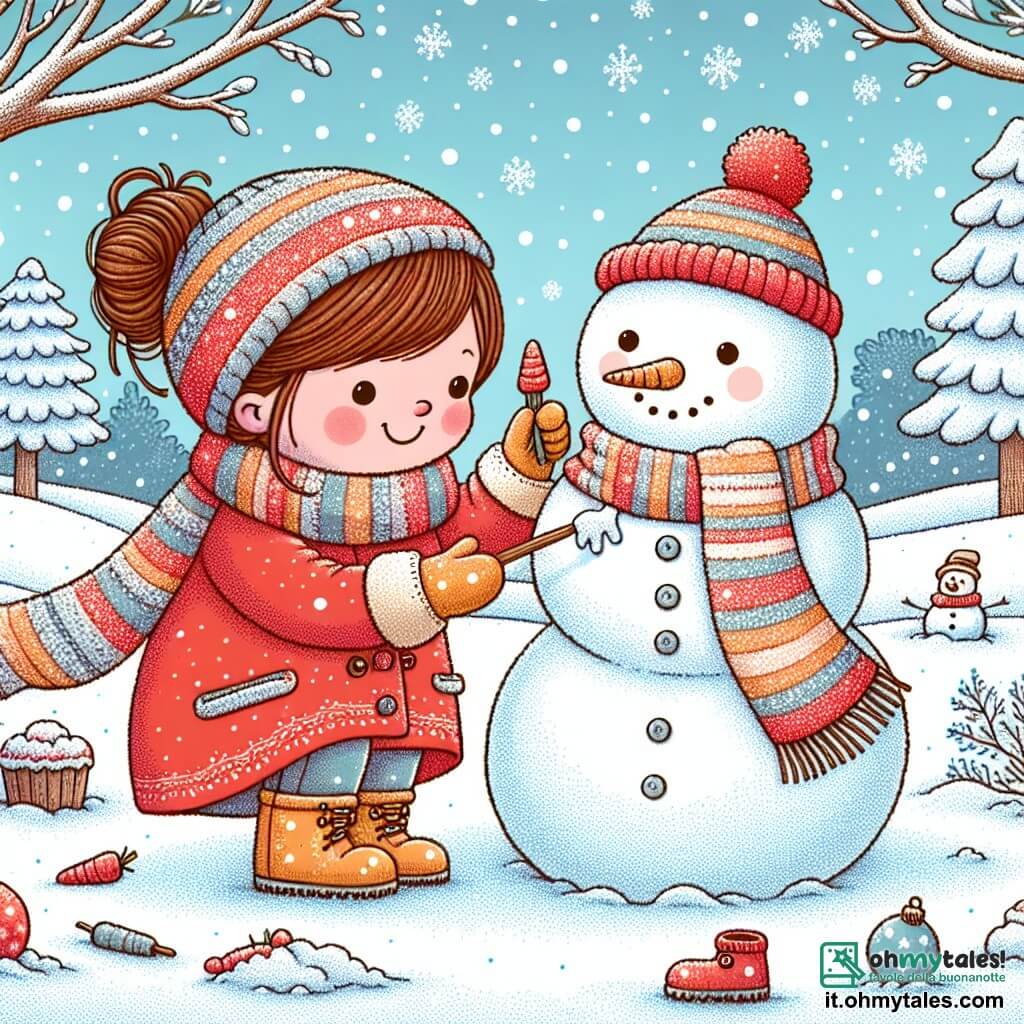 Illustrazione che rappresenta un paesaggio invernale incantevole, con un terreno coperto da uno spesso strato di neve scintillante sotto un cielo azzurro chiaro. Al centro, un bambino di un anno, con guance rosa e capelli castani, sta costruendo un pupazzo di neve. Indossa un cappotto rosso vivo, una sciarpa a righe e guanti gialli. Accanto a lui, una mamma di una trentina d'anni, con capelli castani raccolti in uno chignon e un sorriso caloroso, lo aiuta a mettere una carota per il naso del pupazzo di neve. Il pupazzo di neve è allegro, con occhi di bottone e un ampio sorriso. Fiocchi di neve cadono dolcemente attorno a loro, aggiungendo un tocco magico alla scena. Alberi innevati si ergono sullo sfondo, creando un'atmosfera pacifica e gioiosa.