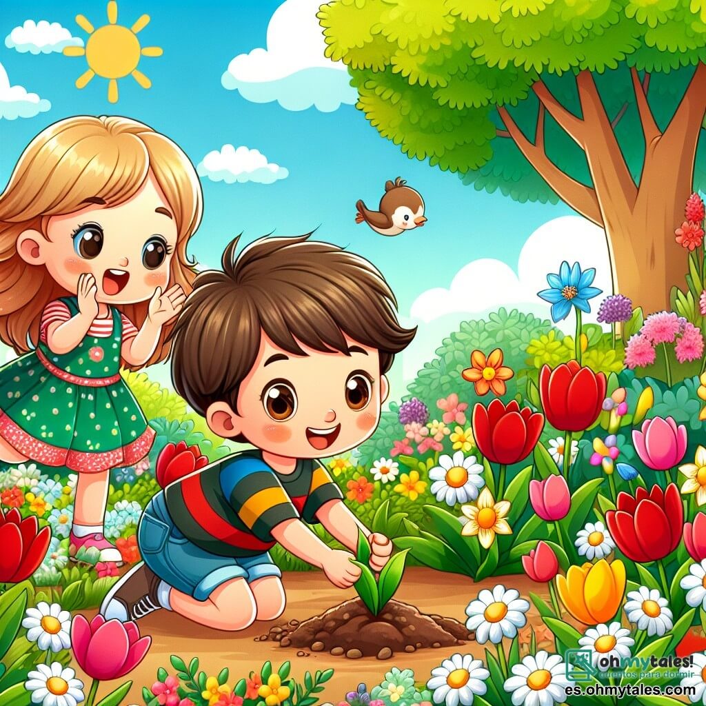 Ilustración que representa un jardín en plena floración en primavera, con flores coloridas: tulipanes rojos, margaritas blancas y narcisos amarillos, rodeados de un verde brillante. En el centro, dos niños juegan alegremente. Un niño de unos 7 años, con cabello castaño y ojos brillantes, se agacha para plantar una pequeña semilla en la tierra, con una gran sonrisa en su rostro. Junto a él, una niña de 6 años, con cabello rubio y un vestido colorido, aplaude con entusiasmo, sus ojos brillando de alegría. En el fondo, un gran árbol de hojas verdes exuberantes se alza bajo un cielo azul claro, mientras un pájaro canta en una rama. La atmósfera es alegre y soleada, llena de vida y colores vivos, capturando el espíritu de la primavera y la amistad de los dos niños.