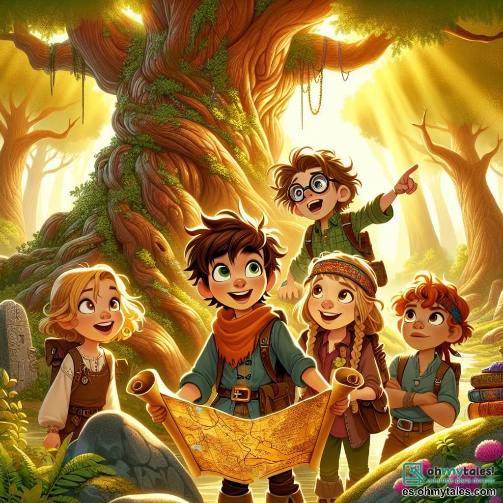 Ilustración que representa un claro de bosque encantado, bañado por la luz dorada del sol, donde grandes árboles con troncos retorcidos se elevan hacia el cielo, sus hojas de un verde brillante bailan suavemente al ritmo del viento. En el centro de esta escena, cuatro jóvenes aventureros están juntos, sus rostros iluminados por la emoción. El primero, un niño de siete años con grandes ojos curiosos y cabello castaño despeinado, sostiene un viejo rollo de mapa en sus manos, mirando con asombro. A su lado, una niña de su edad, con cabello largo y rubio trenzado, sonríe alegremente mientras señala una dirección en el mapa. El tercero, un niño con gafas redondas y cabello castaño, se inclina hacia adelante, sosteniendo una pequeña caja de herramientas, listo para resolver un misterio. Finalmente, otra niña, con cabello rizado y una cinta de colores, se mantiene erguida, con los brazos cruzados, mostrando una expresión decidida. La situación principal muestra a los niños descubriendo un antiguo tesoro escondido en un árbol gigante, rodeado de piedras brillantes y flores de colores. Elementos gráficos adicionales incluyen animales curiosos observando la escena, como una ardilla y un pájaro, y rayos de sol filtrándose a través de las hojas, creando una atmósfera mágica y alegre.