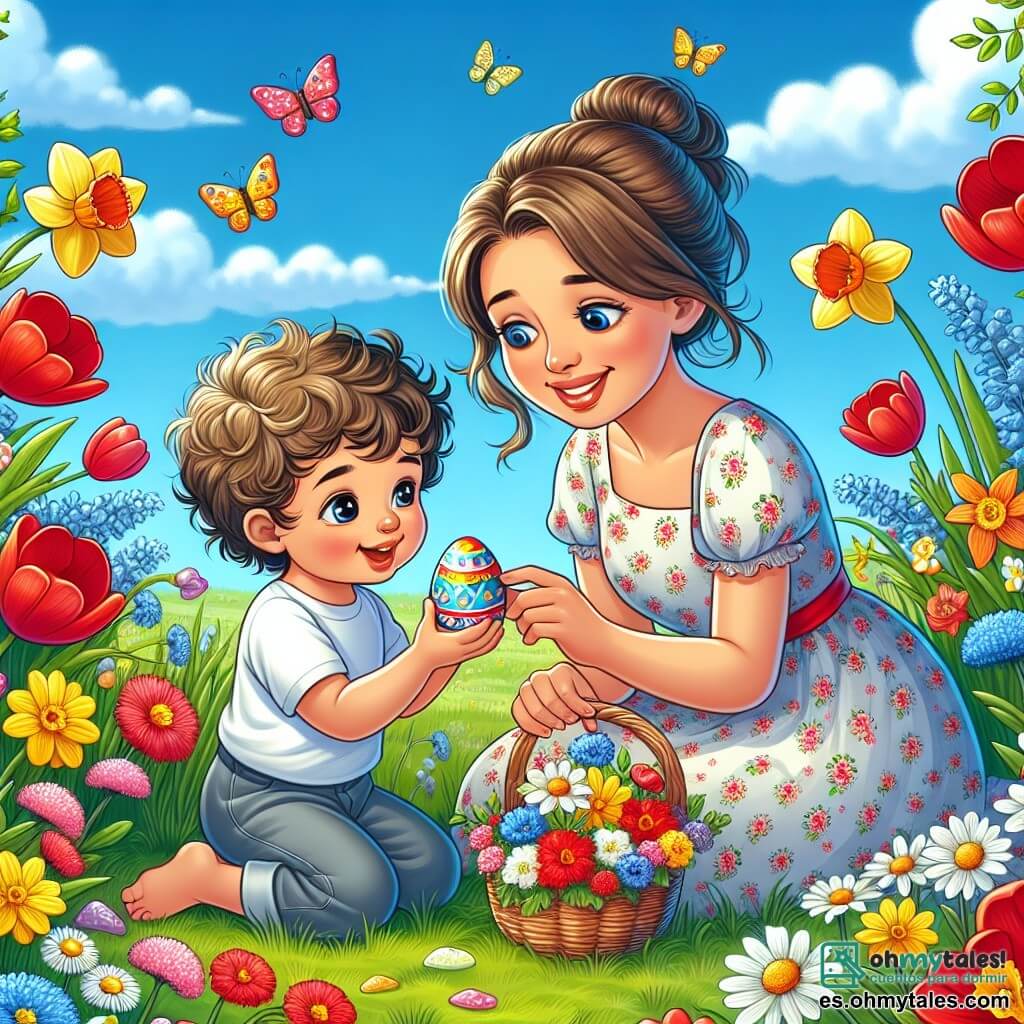 Ilustración que representa un jardín en plena floración en primavera, con flores coloridas: tulipanes rojos, narcisos amarillos y acianos azules, todo bajo un cielo azul claro salpicado de algunas nubes blancas. En el centro, un niño pequeño de aproximadamente un año, con cabello rubio y rizado, con una sonrisa radiante, está agachado en la hierba verde, sosteniendo un huevo decorado con colores vivos en sus pequeñas manos. A su lado, una mujer de unos treinta años, con cabello castaño recogido en un moño y vistiendo un vestido ligero con flores, sonríe mientras mira al niño, sosteniendo una cesta llena de flores. El niño parece maravillado por su descubrimiento, mientras que la mujer lo anima con ternura. En el fondo, mariposas coloridas revolotean alrededor de las flores, añadiendo un toque de magia a la escena primaveral.