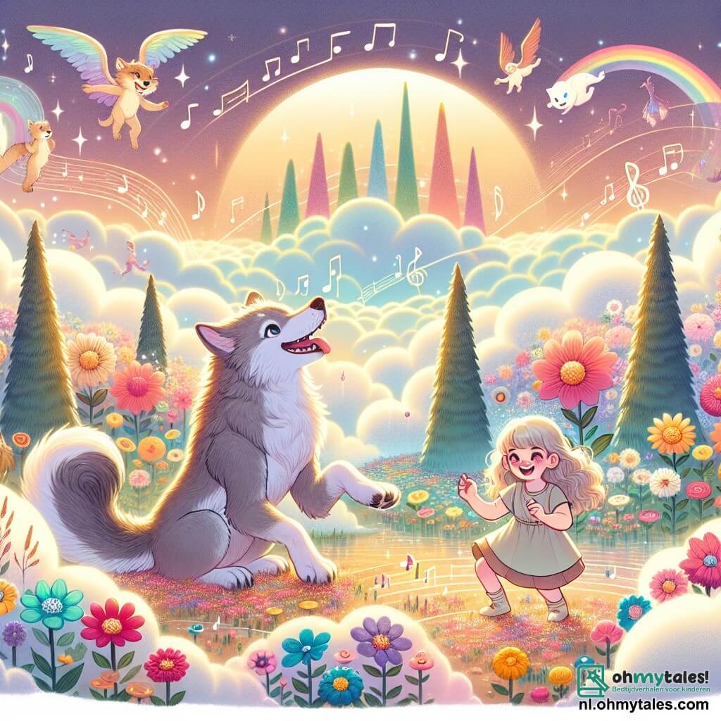 Illustratie van een uitgestrekt koninkrijk dat in de wolken zweeft, gevuld met kleurrijke bloemen die muzieknoten uitstralen en grote dansende bomen, alles verlicht door een gouden licht van de late namiddag. In het midden van de scène staat een jonge weerwolf met een zachte, zilveren vacht, stralende en expressieve ogen, vrolijk met een kwispelende staart te spelen met muzikale bloemen. Naast haar staat een klein meisje van ongeveer acht jaar, met lange gouden haren en sprankelende nieuwsgierige ogen, gekleed in een lichte jurk en glimlachend terwijl ze zich bukt om een bloem aan te raken. Samen lachen en spelen ze in deze magische sfeer, omringd door pluizige wolken en levendige kleuren. Op de achtergrond voegen schitterende regenbogen en vliegende fantasiewezens een vleugje betovering toe aan deze betoverende scène.