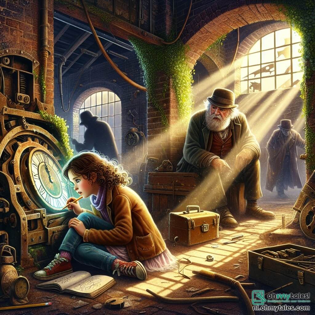 Illustratie van een scène in een oude verlaten fabriek, waar bakstenen muren bedekt zijn met weelderig klimop en gebroken ramen gouden stralen licht binnenlaten. In het midden van de afbeelding zit een jong meisje van ongeveer twaalf jaar, met krullend kastanjebruin haar en sprankelende groene ogen, gehurkt naast een oude roestige machine, met een notitieboek en een potlood in de hand, verdiept in haar schetsen. Naast haar staat een oude man met een lange grijze baard en een versleten hoed, die de jonge vrouw aandachtig observeert, zijn gezicht getekend door de tijd, terwijl hij een gereedschap in zijn hand houdt, klaar om haar te helpen. De hoofdscène toont de jonge vrouw en de man in volle ontdekkingstocht, omringd door stof en mysterie, terwijl ze de geheimen van de tijdmachine onthullen. Op de achtergrond tekenen zich dreigende schaduwen af, wat de aanwezigheid van indringers suggereert en een voelbare spanning toevoegt aan de avontuurlijke sfeer.