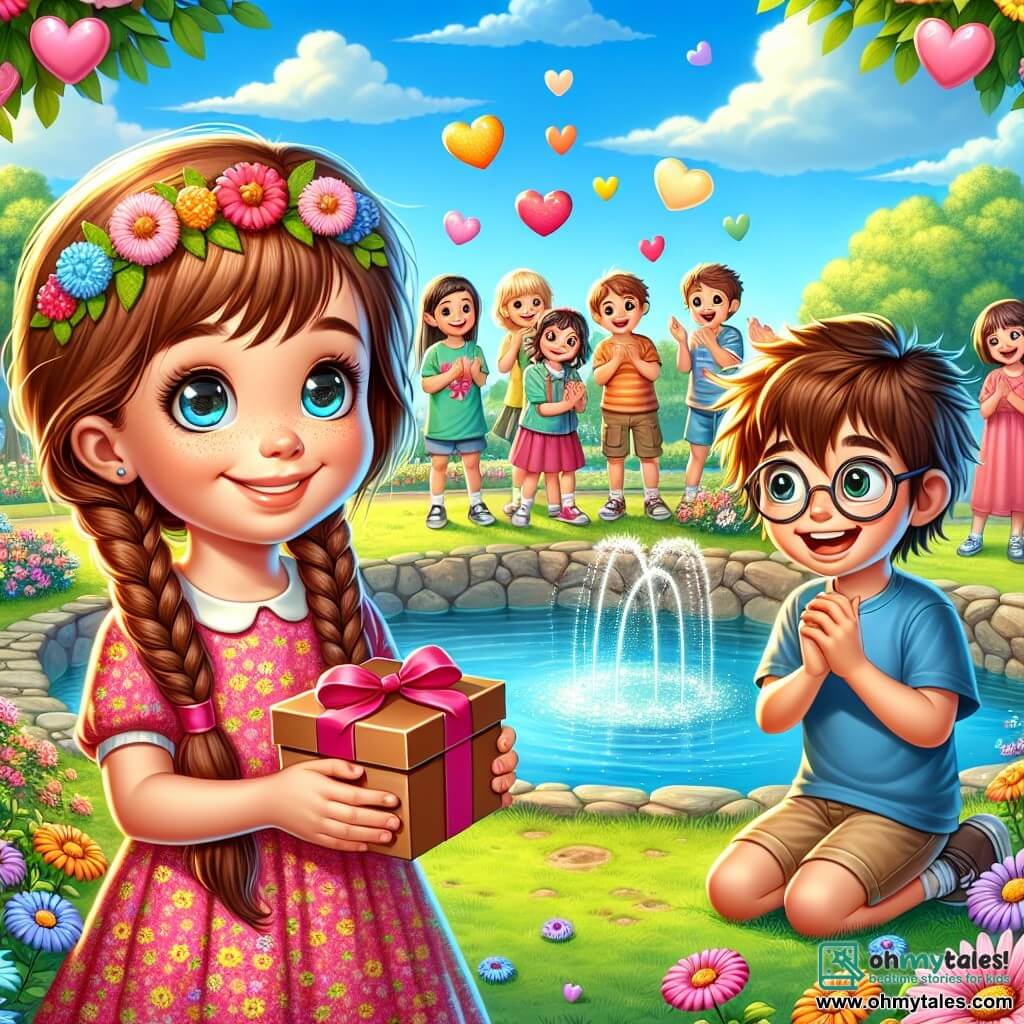 An illustration depicting a vibrant and joyful scene by a beautiful pond in a sunny park. The sky is a bright blue, dotted with fluffy white clouds, and colorful flowers surround the pond, adding a touch of magic to the setting. In the center of the image, a 10-year-old girl with braided brown hair and a shy smile holds a small gift in her hands. She wears a pink floral dress, and her eyes sparkle with excitement. Next to her, an 11-year-old boy with messy brown hair and glasses looks at the gift in wonder. He is wearing a blue t-shirt and beige shorts, and his face is lit up by a big smile. The main scene shows the girl offering the gift to the boy, who appears surprised and delighted. Around them, other children are gathered, laughing and applauding, creating a festive and warm atmosphere. Colorful hearts float in the air, symbolizing the spirit of Valentine's Day. In the background, a majestic oak tree stands tall, adding a touch of nature to this joyful scene.