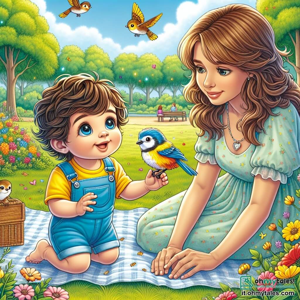 Illustrazione che rappresenta un parco soleggiato, pieno di erba verde brillante e fiori colorati, con alberi maestosi sullo sfondo. Al centro dell'immagine, un bambino di un anno, con capelli castani e ricci, grandi occhi curiosi, è seduto sull'erba. Indossa una salopette blu e una maglietta gialla, sorridendo felice mentre guarda un uccellino colorato vicino a lui. L'uccello, con piume gialle e blu, sembra cinguettare allegramente, creando un'atmosfera amichevole e gioiosa. Accanto al bambino, sua madre, una donna di circa trent'anni con capelli lunghi e castani, sorride dolcemente mentre li osserva. Indossa un vestito leggero ed è seduta su una coperta da picnic. La scena mostra il bambino che tende la mano verso l'uccello, come se volesse invitarlo a giocare, mentre l'uccello si avvicina con curiosità. Farfalle colorate volano intorno a loro, aggiungendo un tocco di magia al momento. Il cielo è blu con alcune nuvole bianche, e il sole splende, illuminando la scena con una luce calda.