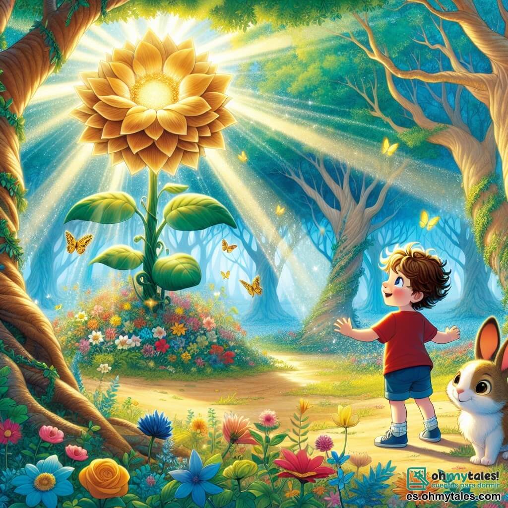 Ilustración que representa un hermoso claro en un Bosque Encantado, donde los majestuosos árboles de troncos gruesos se elevan hacia un cielo azul brillante, con sus hojas brillando como gemas bajo el sol. En el centro, una flor mágica de pétalos dorados brilla intensamente, rodeada de flores coloridas y mariposas danzantes. El personaje principal es un niño de 3 años, con cabello rizado y ojos chispeantes de curiosidad. Lleva una camiseta roja y un short azul, y se acerca a la flor con una gran sonrisa, los brazos abiertos, listo para pedir un deseo. A su lado, un pequeño conejo de orejas largas y pelaje suave, que parece tener alrededor de un año, mira al niño con ojos redondos y traviesos, listo para animarlo en su aventura. La escena principal muestra al niño, maravillado, frente a la flor mágica, mientras una suave brisa hace danzar los pétalos a su alrededor, creando una atmósfera de magia y asombro. Rayos de sol filtran a través de las hojas, añadiendo un toque dorado a esta escena encantada.