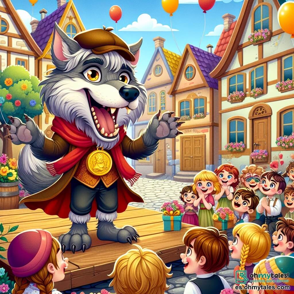 Ilustración que representa una escena alegre en una plaza de pueblo animada, rodeada de casas coloridas con contraventanas abiertas y globos flotando en el aire. En el centro, un hombre lobo de pelaje plateado y brillante, con grandes ojos chispeantes y una sonrisa cálida, se encuentra en un pequeño escenario de madera, sosteniendo una medalla dorada en una pata. Lleva una bufanda roja que ondea al viento y está contando uno de sus mejores chistes, cautivando la atención de todos. Alrededor de él, varios niños de entre 8 y 10 años escuchan con expresiones maravilladas. Una niña de cabello castaño trenzado, vestida con un vestido de flores, estalla en risas, mientras un niño de cabello rubio con gorra sonríe ampliamente, con los brazos cruzados, ansioso por escuchar el próximo chiste. La escena irradia una atmósfera de alegría y camaradería, con risas que flotan en el aire. Flores coloridas adornan el suelo y los pájaros cantan en los árboles, añadiendo a la magia de este momento.