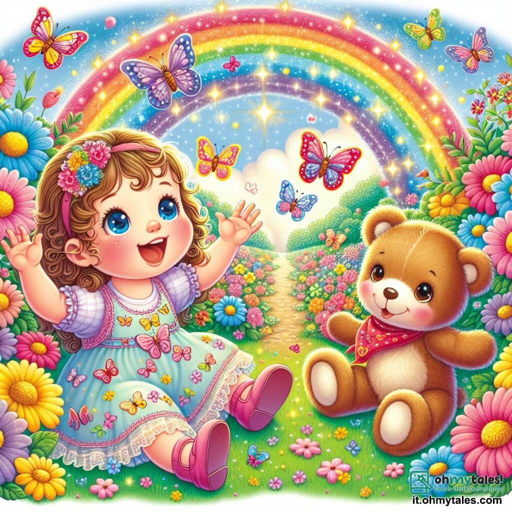 Illustrazione che rappresenta una scena magica in un giardino incantato, pieno di fiori colorati con petali brillanti di rosa, giallo e blu. Al centro, una bambina di circa 1 anno, con grandi occhi curiosi e capelli ricci, indossa un vestito leggero con motivi di farfalle. È seduta sull'erba verde, ridendo a crepapelle, con le braccia alzate in segno di gioia, mentre accanto a lei c'è un orsetto di pezza, un orsacchiotto morbido e sorridente, con pelliccia marrone e una sciarpa rossa attorno al collo. Insieme, esplorano un sentiero di fiori scintillanti, circondati da un arcobaleno brillante che illumina il cielo. Farfalle colorate volano intorno a loro, aggiungendo un tocco di magia a questa avventura gioiosa.