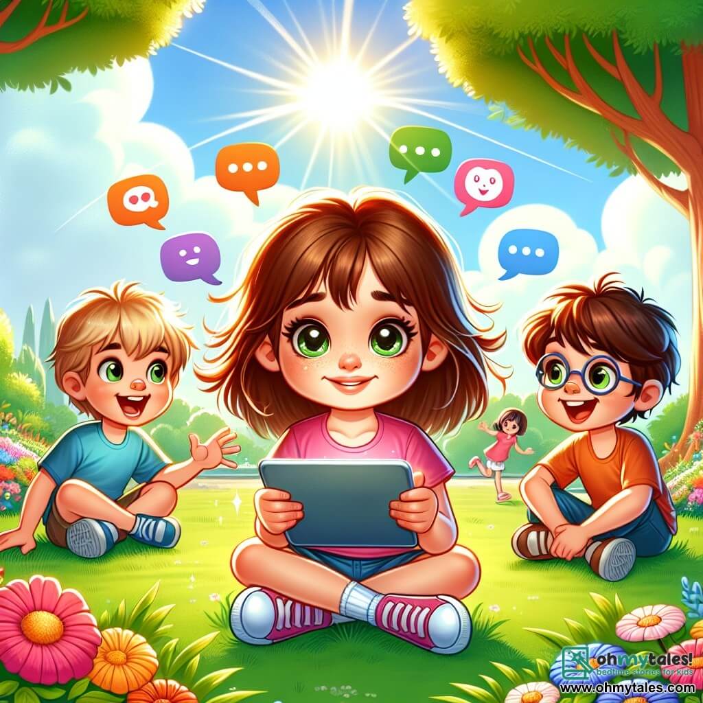 An illustration depicts a scene in a sunny park filled with colorful flowers and majestic trees with bright green leaves. In the center, a 7-year-old girl with messy brown hair and sparkling curious eyes sits on the grass, holding a tablet in her hands. She wears a pink t-shirt and blue shorts, and her face shows slight sadness as she reads messages on the screen. Next to her, two boys around 8 years old, one with short blonde hair and a friendly smile, and the other with curly brown hair and glasses, lean towards her with encouraging expressions. The blonde enthusiastically says something, while the brunette looks at the screen seriously, ready to help. The main situation shows the girl facing hurtful messages on her tablet but surrounded by friends offering support and friendship. Colorful speech bubbles float around them, illustrating positive words and encouragement. In the background, the sky is bright blue, and children are joyfully playing, symbolizing the importance of camaraderie and kindness.