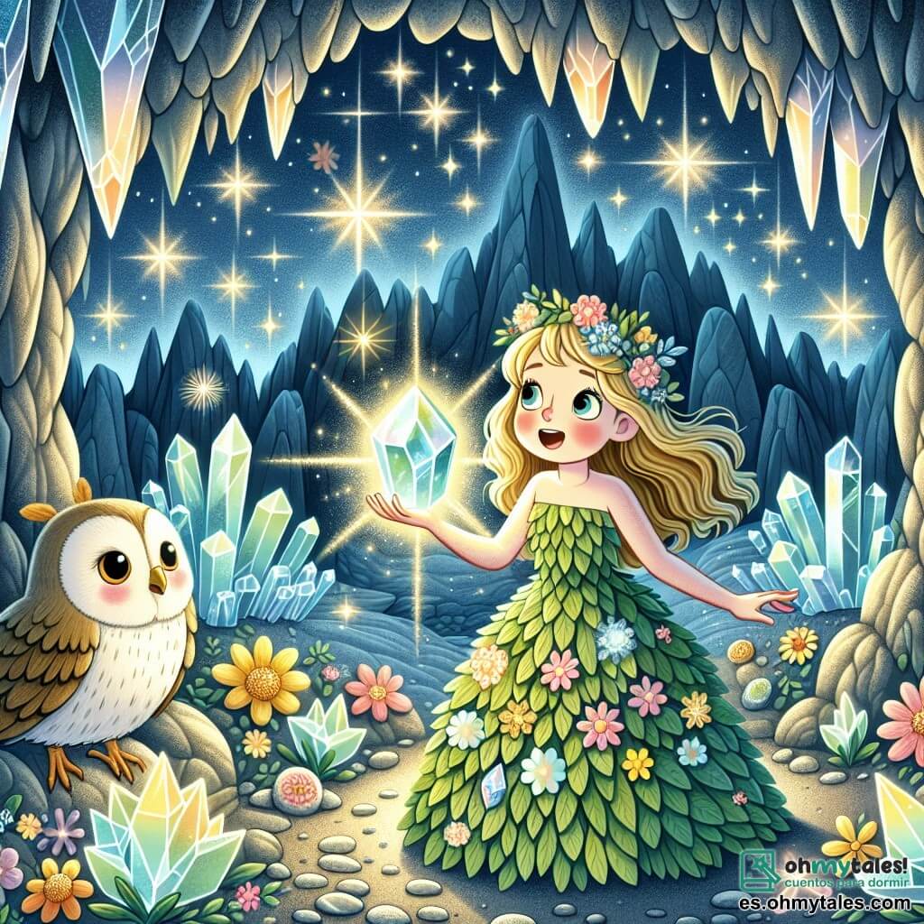 Ilustración que representa una caverna mágica, con paredes brillantes como estrellas, y cristales luminosos que emiten un suave resplandor. En el centro de la escena, una joven de cabello dorado, vestida con un vestido de hojas y flores, se encuentra frente a un gran cristal brillante, con los ojos desorbitados de asombro. A su lado, un viejo búho de plumas suaves y ojos redondos, posado en una rama, observa atentamente la escena, como si estuviera allí para guiar a la joven. La situación principal muestra a la mujer lista para tomar el cristal de luz, mientras una sombra amenazante se perfila en el fondo, creando un contraste entre la brillantez del cristal y la oscuridad de la amenaza. Elementos gráficos adicionales incluyen flores coloridas alrededor de la entrada de la caverna, estrellas brillantes en el techo de la caverna, y una atmósfera palpable de magia y aventura en el aire.