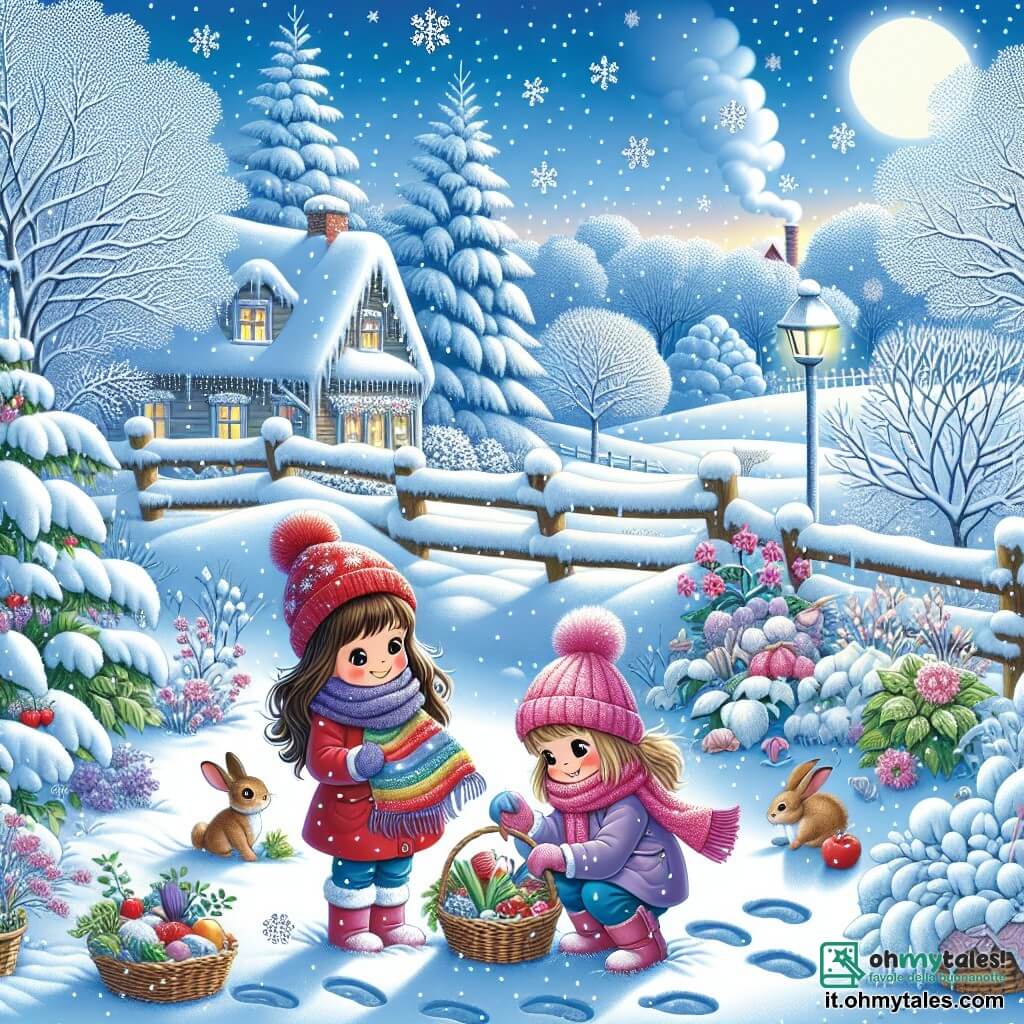 Illustrazione che rappresenta un giardino incantato in inverno, coperto da uno spesso strato di neve scintillante sotto un cielo azzurro chiaro. Al centro, due ragazze, una con lunghi capelli castani e una sciarpa rossa, l'altra con capelli biondi e un berretto rosa, stanno coprendo le piante con coperte colorate. Le ragazze, di circa 8 anni, mostrano sorrisi gioiosi e guance arrossate dal freddo. La scena è piena di piccoli dettagli: fiocchi di neve cadono dolcemente, impronte di zampe di coniglio sono visibili nella neve, e alberi con rami carichi di neve circondano il giardino. Sullo sfondo, una casa accogliente con fumo che esce dal camino aggiunge un tocco di comfort a questa bella giornata invernale.