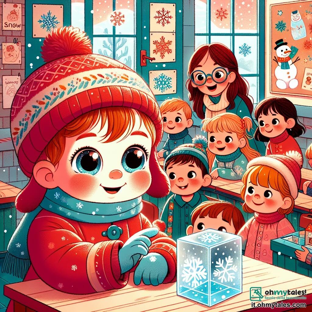 Illustrazione che rappresenta un'aula calda e colorata, con pareti decorate da disegni invernali e fiocchi di neve. Al centro, una bambina di un anno, con grandi occhi curiosi e guance rosa, indossa un bel cappotto rosso e un berretto di lana. È seduta a un tavolo, toccando un cubo di ghiaccio con meraviglia, un sorriso radioso sul volto. Accanto a lei, un'insegnante di circa 30 anni, con capelli castani e occhiali, mostra una foto di neve agli altri bambini. Sullo sfondo, diversi bambini di 3-5 anni, felici e attenti, guardano l'insegnante con espressioni di eccitazione. La scena trasmette un'atmosfera di gioia e scoperta, con fiocchi di neve disegnati sulle finestre e disegni di pupazzi di neve appesi alle pareti.