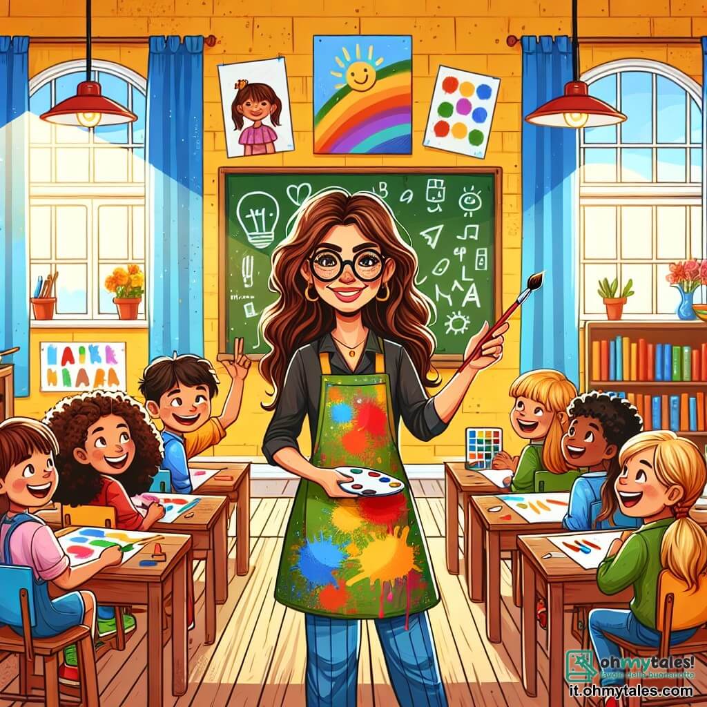 Illustrazione che rappresenta un'aula luminosa con pareti gialle e un soffitto rosso, piena di libri colorati e disegni di bambini appesi alle pareti. Al centro, una donna sorridente, con lunghi capelli castani e occhiali, è in piedi davanti a una lavagna nera, tenendo un pennello in una mano e una tavolozza di colori nell'altra. Indossa un camice colorato, pieno di macchie di vernice, e irradia passione per l'insegnamento. Intorno a lei, diversi bambini di circa 9 anni sono seduti a tavoli di legno. Un ragazzo dai capelli ricci e con occhi brillanti alza la mano con entusiasmo, mentre una ragazza con trecce bionde guarda con ammirazione la lavagna, sorridendo. La scena trasmette un'atmosfera gioiosa e creativa, dove l'apprendimento e l'arte si incontrano. Sullo sfondo, le finestre lasciano entrare la luce del sole, illuminando i volti dei bambini e creando un'atmosfera accogliente. Forniture scolastiche, come matite, pennarelli e fogli di carta, sono sparse sui tavoli, aggiungendo un tocco di dinamismo all'illustrazione. La donna insegna con passione, ispirando i suoi alunni a esplorare la loro creatività attraverso l'arte.