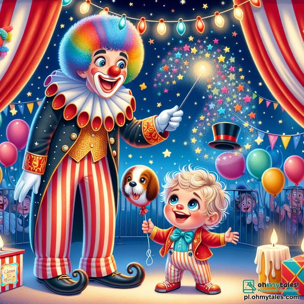 Ilustracja przedstawiająca kolorowy i żywy cyrk, z czerwono-białymi namiotami, balonami unoszącymi się w powietrzu i migoczącymi światłami. W centrum mały chłopiec, mający 1 rok, z kręconymi włosami i błyszczącymi oczami, uśmiecha się z zachwytem, trzymając w małych rękach balon w kształcie psa. Obok niego wesoły klaun, mający około 30 lat, z dużym czerwonym nosem, niezdarnymi włosami i wielokolorowym kostiumem, robi miny, aby rozweselić młodego chłopca. W tle elegancki magik, mający około 40 lat, w długim czarnym płaszczu i cylinderze, macha swoją różdżką, wypuszczając kolorowe konfetti w powietrze. Scena emanuje atmosferą radości i magii, z migoczącymi gwiazdami i śmiechem dzieci rozbrzmiewającym w powietrzu.