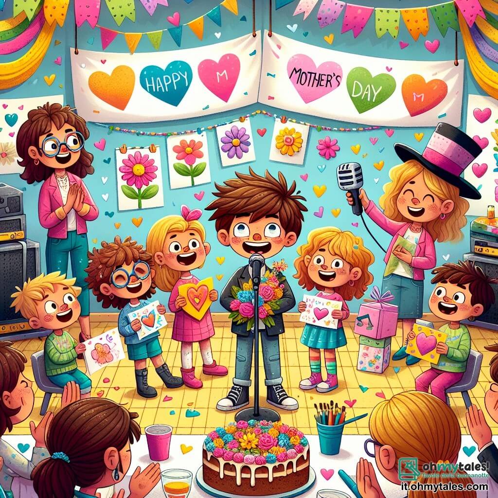 Illustrazione che rappresenta un'aula trasformata in una festa colorata per la festa della mamma. Le pareti sono decorate con festoni di carta multicolore e un grande striscione con disegni di cuori e fiori è appeso sopra un palco improvvisato. Al centro, un ragazzo di circa 10 anni, con i capelli castani disordinati e un sorriso splendente, tiene un microfono e guarda con entusiasmo il pubblico. Alla sua destra, una ragazza di circa 9 anni, con i capelli ricci e occhiali, applaude gioiosamente, circondata da biglietti d'auguri colorati che ha creato. Alla sua sinistra, un ragazzo di circa 10 anni, con un cappello da mago troppo grande, si prepara a fare un trucco di magia, mentre una ragazza di circa 8 anni, con una tavolozza di colori in mano, ammira il suo grande striscione. La scena è piena di mamme sorprese ed emozionate, con sorrisi radiosi, alcune tengono biglietti fatti a mano, altre applaudono con orgoglio. Su un tavolo sul retro, una grande e deliziosa torta decorata con fiori di zucchero aspetta di essere tagliata, aggiungendo un tocco festivo a questa giornata speciale.
