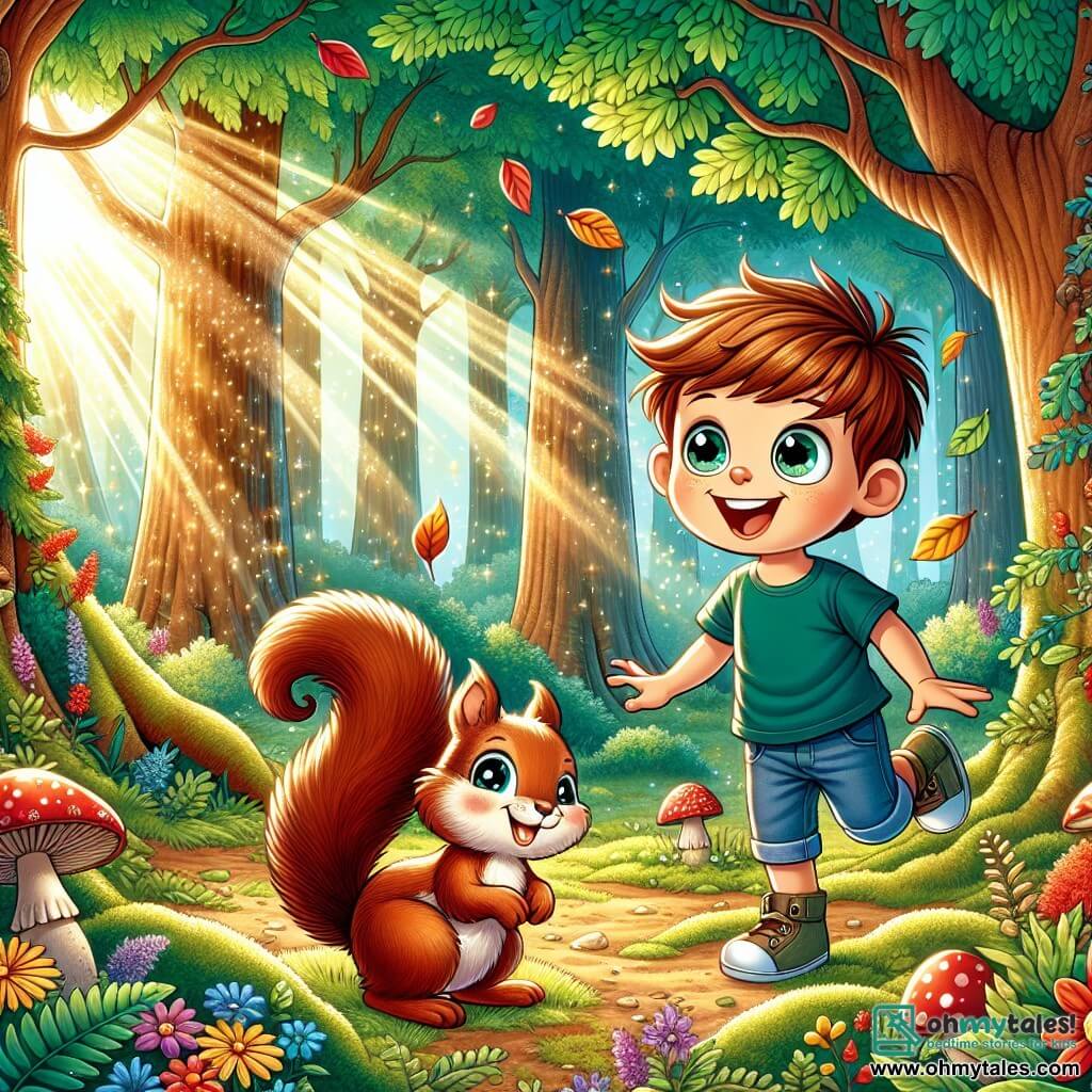 An illustration depicts a magical scene in an enchanted forest. The tall, majestic trees have vibrant leaves ranging from bright green to fiery red. Sunlight filters through the foliage, creating patches of golden light on the moss-covered ground. In the center, a 7-year-old boy with tousled brown hair wears a blue t-shirt and denim shorts. He has a big smile and looks amazed. Next to him, a small red squirrel with sparkling eyes stands on its hind legs, ready to play. The main scene shows the boy and the squirrel joyfully running through the forest, surrounded by colorful flowers and whimsical mushrooms. Leaves gently fall around them, adding a touch of magic to the moment. In the background, a winding path invites new adventures, while a clear blue sky completes this enchanted scene.