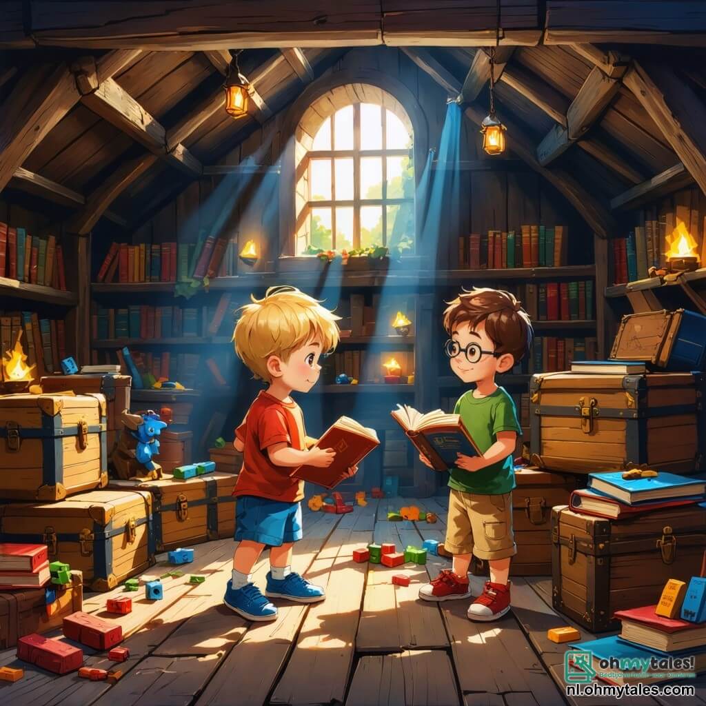 Illustratie van een grote, stoffige zolder vol oude kisten, kleurrijke speelgoed en oude boeken. De muren zijn van donker hout, en stralen van licht filteren door een klein raam, waardoor de scène in een zachte gouden gloed wordt verlicht. In het midden zitten drie kleine avonturiers: een tweejarige jongen met rommelig blond haar, gekleed in een rode t-shirt en blauwe shorts, die een open boek in zijn handen houdt. Naast hem zit een andere tweejarige jongen met bruin haar en ronde bril, in een groene t-shirt en beige broek, die aandachtig luistert. Tenslotte is er een tweejarig meisje met kastanjebruin haar en twee vlechten, gekleed in een roze jurk met stippen, die enthousiast uitroept terwijl ze wijst naar een oude, glanzende sleutel die ze heeft gevonden. De scène toont de kinderen zittend op de houten vloer, omringd door verspreid speelgoed, met verwonderde glimlachen op hun gezichten. Op de achtergrond onthult een grote open kist verborgen schatten, en spinnenwebben in de hoeken voegen een vleugje avontuur toe. Kleurige boeken zijn om hen heen gestapeld, en er hangt een sfeer van ontdekking en opwinding in de lucht.