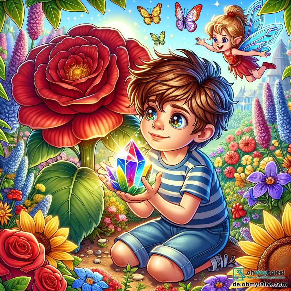 Eine Illustration zeigt einen magischen Garten, gefüllt mit riesigen, leuchtend bunten Blumen: roten Rosen, gelben Sonnenblumen und blauen Veilchen, die sanft in einer leichten Brise tanzen. In der Mitte hockt ein 7-jähriger Junge mit zerzausten braunen Haaren und neugierigen, funkelnden Augen, der einen wunderschönen, bunten Kristall in seinen kleinen Händen hält. Er trägt ein blau gestreiftes T-Shirt und eine Jeansshorts, und sein Gesicht strahlt vor einem großen, bewundernden Lächeln. An seiner Seite fliegt eine kleine Fee mit glitzernden Flügeln, etwa 8 Jahre alt, mit goldenen Haaren und einem Kleid aus Blütenblättern, fröhlich um ihn herum. Sie hat einen schelmischen und ermutigenden Blick, bereit, ihm bei ihrer Suche zu helfen. Die Szene zeigt den Moment, in dem sie gemeinsam den magischen Kristall unter einer leuchtenden Blume entdecken, umgeben von Pflanzen, die vor Freude zu vibrieren scheinen. Bunte Schmetterlinge fliegen um sie herum und verleihen der Atmosphäre einen Hauch von Magie. Im Hintergrund steht ein majestätischer, großer Baum, ein Symbol der Weisheit, dessen Äste sich in den blauen Himmel erstrecken, während Sonnenstrahlen durch das Laub brechen und eine verzauberte Stimmung schaffen.