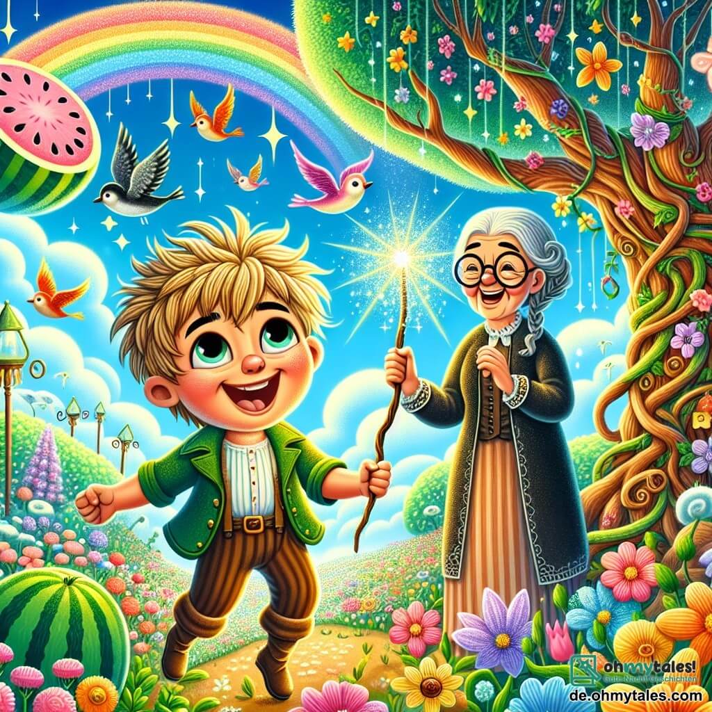 Illustration eines magischen Gartens voller bunter Blumen und großer, gedrehter Bäume unter einem strahlend blauen Himmel mit fluffigen Wolken. In der Mitte steht ein einjähriger Junge mit zerzausten blonden Haaren und funkelnden, schelmischen Augen, der einen großen, glitzernden Stock schwenkt, ein schelmisches Lächeln auf seinem Gesicht. Neben ihm lacht eine etwa 70-jährige Frau mit einem grauen Haarknoten und runden Brillen fröhlich, während sie den Jungen anblickt, ihre Hände auf den Hüften. Im Hintergrund rollt eine riesige, glänzende Wassermelone fröhlich in den Garten, während ein bunter Regenbogen sich über ihnen spannt, umgeben von bunten Vögeln, die herumfliegen. Die Szene strahlt eine Atmosphäre von Magie und Freude aus und fängt den Moment ein, in dem der Junge die Kraft seines Zauberstocks entdeckt.