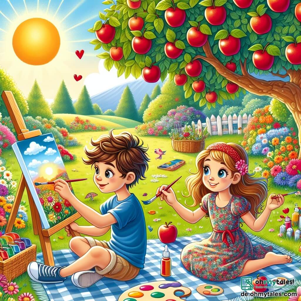 Illustration eines sonnigen Gartens, gefüllt mit bunten Blumen und einem großen Obstbaum, dessen Äste mit roten Äpfeln beladen sind. Im Vordergrund sitzt ein 11-jähriger Junge mit zerzausten braunen Haaren, der ein blaues T-Shirt und eine beige Shorts trägt, auf einer karierten Decke. Er hält einen Pinsel in einer Hand und eine Palette mit leuchtenden Farben in der anderen, konzentriert auf seine Leinwand, auf der er einen wunderschönen Sonnenuntergang malt. Neben ihm sitzt ein 10-jähriges Mädchen mit langen blonden Haaren, das ein Blumenkleid trägt, im Schneidersitz, hält einen Pinsel und lächelt, bereit, ihrem eigenen Bild den letzten Schliff zu geben. Die Atmosphäre ist fröhlich und kreativ, mit Lachen und Farbspritzern in der Luft, während Vögel in den Bäumen singen.