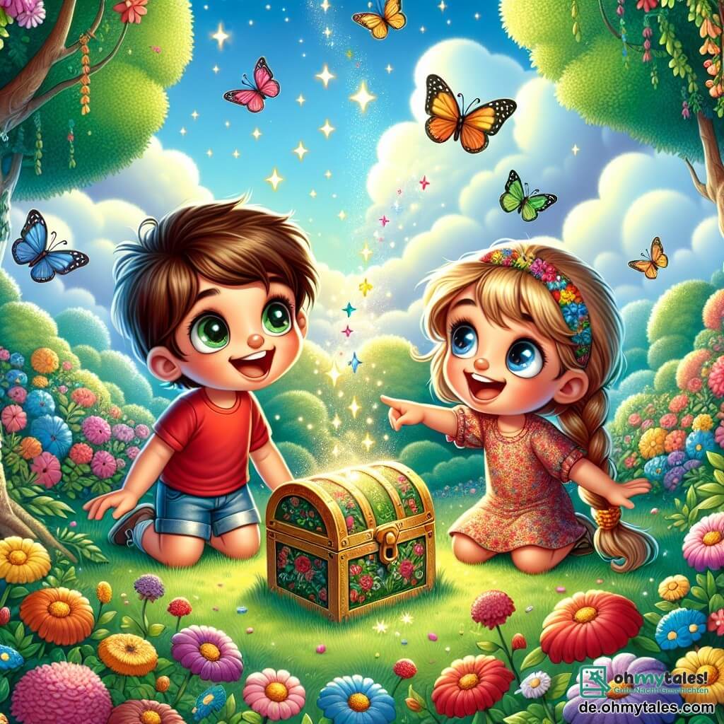 Illustration eines bezaubernden Landschaftsbildes mit einer grünen Wiese, die mit bunten Blumen übersät ist, Bäumen mit strahlenden Blättern und einem blauen Himmel, der mit flauschigen Wolken bedeckt ist. In der Mitte zwei junge Abenteurer: ein etwa 7-jähriger Junge mit kastanienbraunen Haaren und funkelnden Augen, der ein rotes T-Shirt und eine Jeansshorts trägt und voller Staunen lächelt. Neben ihm ein etwa 6-jähriges Mädchen mit langen, geflochtenen blonden Haaren, das ein Blumenkleid trägt und ein buntes Stirnband hat, das auf eine wunderschöne, glitzernde Schatzkiste zeigt. Die Szene fängt ihre Freude und Neugier ein, während sie gemeinsam leuchtende Sterne entdecken, die aus der Kiste strömen und ihre Gesichter mit einem magischen Glanz erhellen. Bunte Schmetterlinge fliegen um sie herum und verleihen diesem Abenteuer einen Hauch von Märchenhaftigkeit.