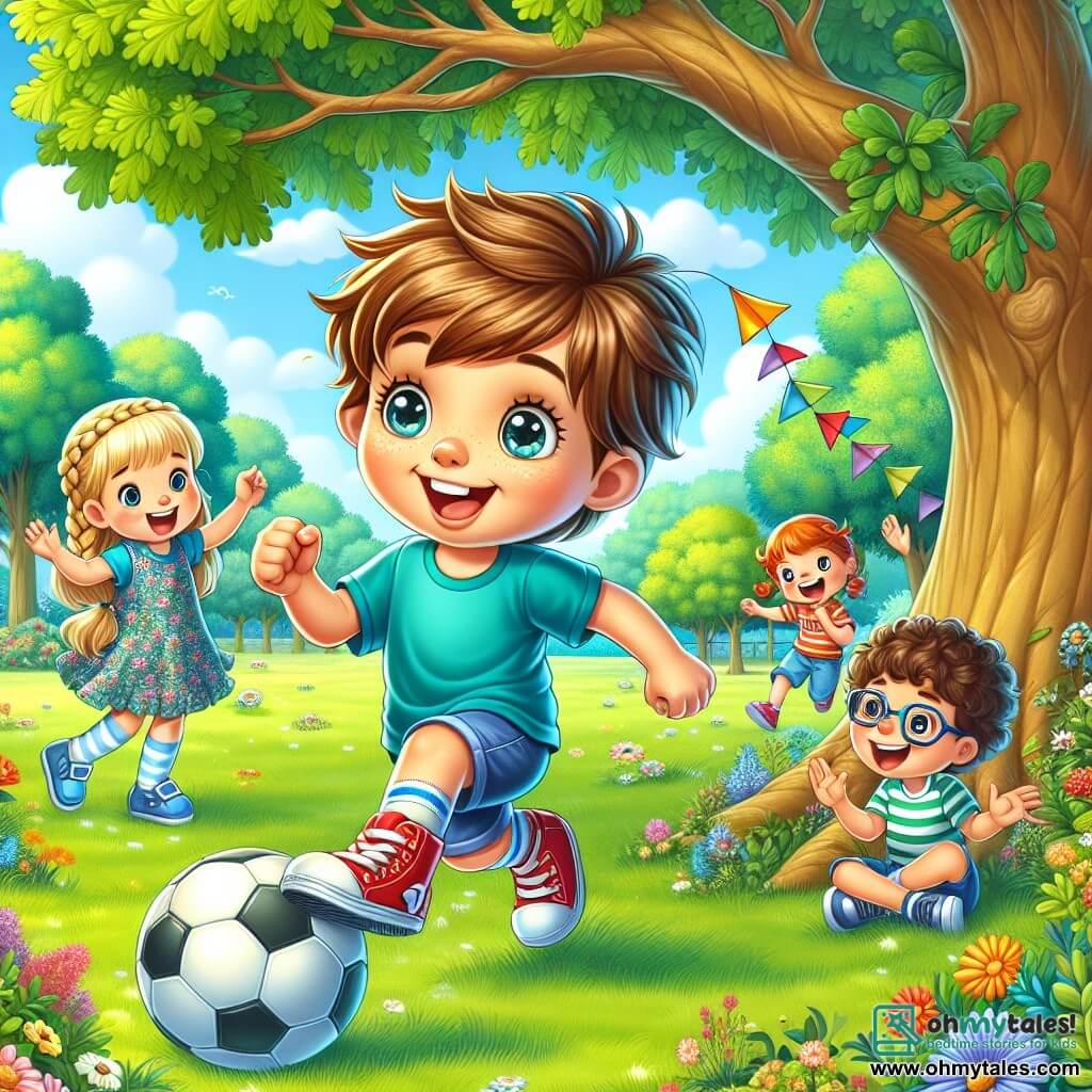 An illustration depicting a sunny park filled with lush greenery and colorful flowers. In the center, a large oak tree provides shade, while children joyfully play around. A 7-year-old boy with messy brown hair and sparkling curious eyes is enthusiastically dribbling a soccer ball. He wears a bright blue t-shirt and red sneakers, and his beaming smile shows how much fun he is having. Next to him are two friends: a 7-year-old girl with braided blonde hair in a floral dress, who is clapping and cheering for the boy, and an 8-year-old boy with glasses and brown hair, laughing as he waits for his turn to play. The scene captures the energy of an impromptu soccer match, where laughter and cheers fill the air. Colorful kites fly in the blue sky, and a picnic is set up on a blanket nearby, adding a touch of friendliness to this outdoor day.