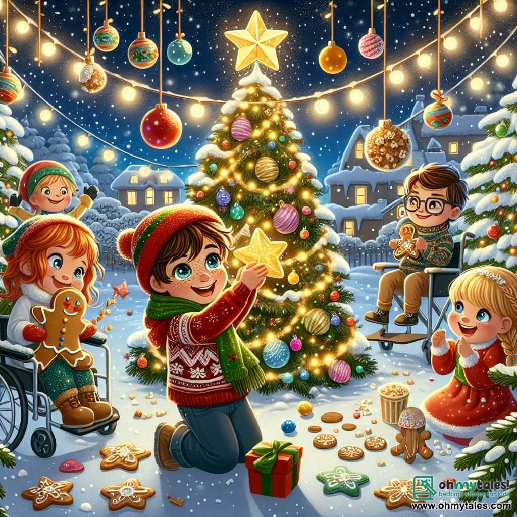 An illustration depicting a magical Christmas scene in a snowy garden, illuminated by sparkling lights hanging from a large tree adorned with colorful baubles and popcorn garlands. In the foreground, a seven-year-old boy with brown hair and sparkling eyes, wearing a red hat and green scarf, joyfully smiles while holding a large golden star, ready to place it on top of the tree. Next to him, a seven-year-old girl with braided blonde hair, dressed in a Christmas-patterned sweater, is busy decorating a small gingerbread man with colorful icing. In the background, another seven-year-old boy with brown hair and glasses sits in a wheelchair, laughing and clapping, surrounded by snowflake-shaped cookies. Snow gently falls around them, creating a warm and festive atmosphere, while a bright star twinkles in the night sky.