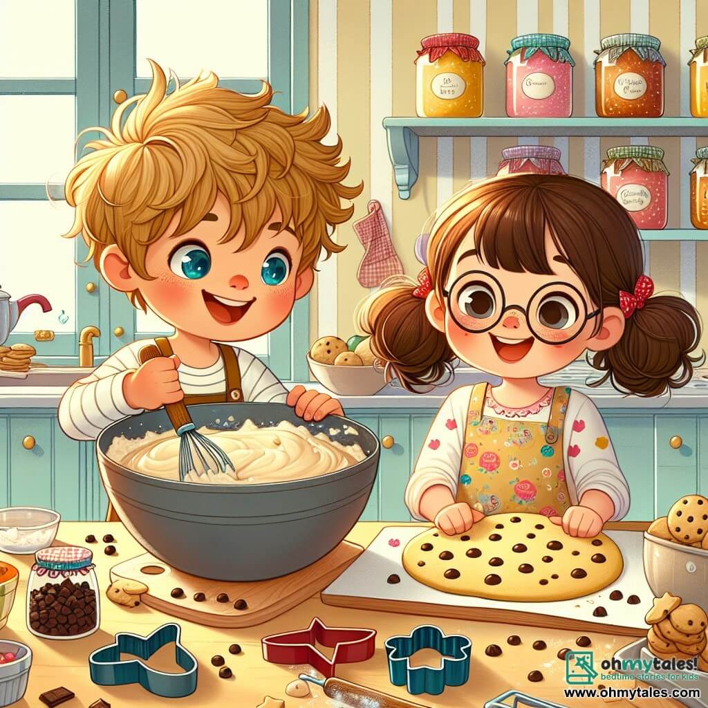 The illustration depicts a bright and warm scene in a cozy kitchen, with pastel yellow walls and shelves filled with colorful jars of jam. On the wooden table, ingredients for making cookies are scattered: a large bowl of dough, chocolate chips, and star-shaped cookie cutters. In the center of the image, a 7-year-old boy with tousled blonde hair and sparkling blue eyes is enthusiastically mixing the cookie dough. He wears an apron with small animal patterns and has a joyful smile, showing his happiness despite the sadness around him. Next to him, a 7-year-old girl with brown pigtails and round glasses watches with a big smile. She wears a colorful t-shirt and holds a heart-shaped cookie cutter, ready to use it to cut shapes from the dough. The main scene shows the two children creating cookies together, symbolizing joy and memory while evoking the memory of a loved one. In the background, a window lets in sunlight, illuminating the scene and adding a warm and comforting atmosphere. Potted flowers are visible on the windowsill, bringing a touch of color and life to the illustration.