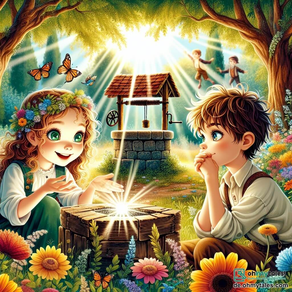 Illustration eines sonnigen Parks, gefüllt mit bunten Blumen und majestätischen Bäumen, mit einem alten Brunnen, der unter den Sonnenstrahlen funkelt. In der Mitte hockt ein 11-jähriges Mädchen mit lockigem kastanienbraunem Haar und funkelnden grünen Augen, das aufmerksam eine kleine Holzbox betrachtet, die sie gerade ausgegraben hat. Neben ihr schaut ein 11-jähriger Junge mit zerzausten blonden Haaren und einem schelmischen Lächeln fasziniert auf den Schatz, den sie entdeckt haben. Die Szene strahlt Abenteuerlust und Neugier aus, mit Schmetterlingen, die um sie herumfliegen, und Vögeln, die in den Bäumen singen. Im Hintergrund spielen fröhlich Kinder, die diesem magischen Moment Leben und Energie verleihen.