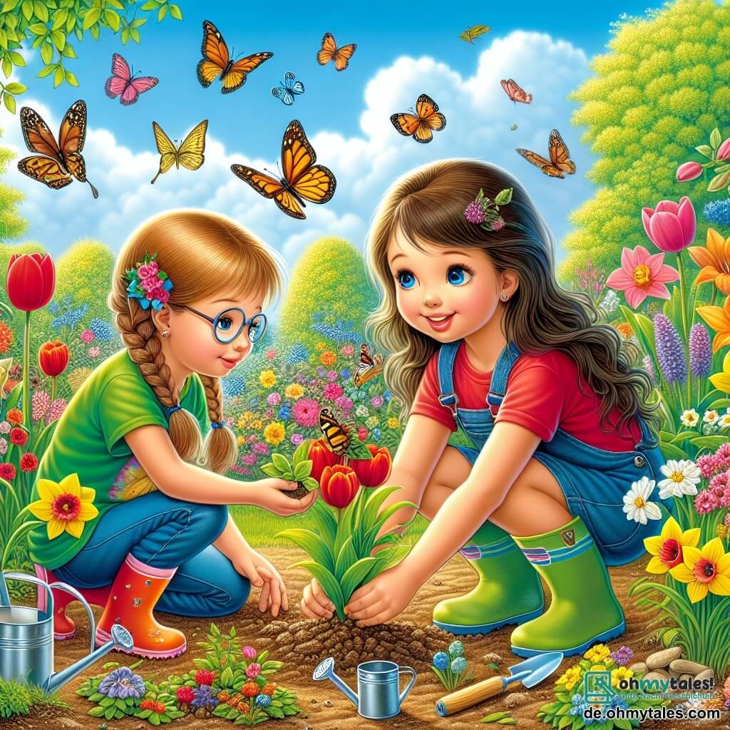 Illustration eines bunten Frühlingsgartens, gefüllt mit strahlenden Blumen wie roten Tulpen und gelben Narzissen, mit Schmetterlingen, die in der Luft umherfliegen, und einem hellblauen Himmel, der mit weißen, flauschigen Wolken übersät ist. Im Zentrum des Bildes sitzt ein 11-jähriges Mädchen mit langen, glänzenden braunen Haaren und funkelnden Augen, das ein buntes T-Shirt und Gummistiefel trägt, hockt mit den Händen im Boden und pflanzt mit einem breiten Lächeln auf dem Gesicht Samen. Neben ihr beobachtet ein anderes 11-jähriges Mädchen mit geflochtenen blonden Haaren und Brille aufmerksam eine kleine Raupe auf einem Blatt, fasziniert von der Schönheit der Natur. Die Atmosphäre ist fröhlich und lebendig, mit Vögeln, die in den Bäumen singen, und einer leichten Brise, die die Blumen tanzen lässt. Gartengeräte wie eine kleine Schaufel und ein Gießkanne sind um sie herum verstreut und verleihen dieser Frühlingsszenen einen Hauch von Realismus.