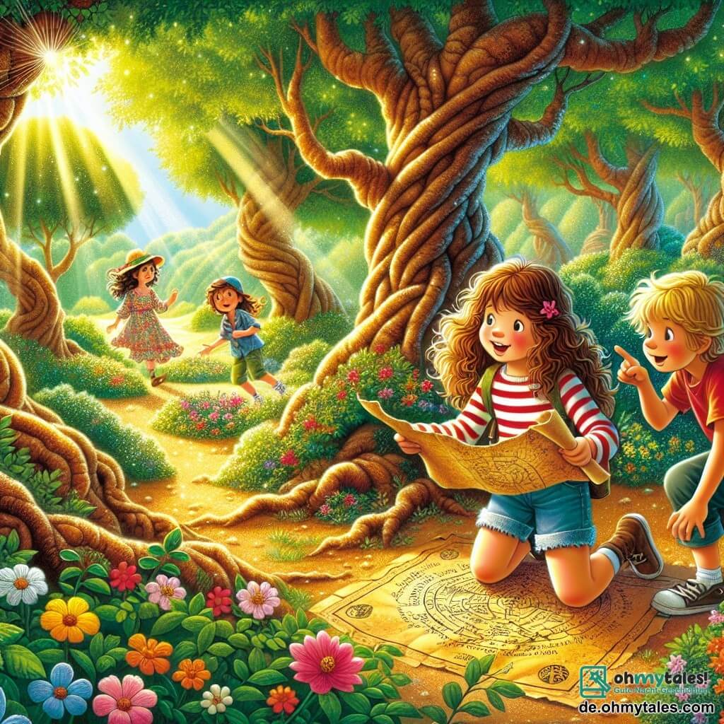 Illustration einer sonnigen Lichtung im Herzen eines magischen Waldes, umgeben von majestätischen Bäumen mit knorrigen Stämmen und leuchtend grünen Blättern. Bunte Blumen bedecken den Boden, während ein sanfter Sonnenstrahl die Szene erhellt und eine warme, einladende Atmosphäre schafft. Im Zentrum der Illustration kniet ein 9-jähriges Mädchen mit lockigem, kastanienbraunem Haar, trägt ein gestreiftes Hemd und eine Jeansshorts. Ihr Gesicht strahlt vor Aufregung, während sie eine alte Karte in den Händen hält. Ihre Augen funkeln vor Neugier und Abenteuer. Neben ihr stehen zwei Freunde: ein 10-jähriger Junge mit zerzausten blonden Haaren und einem roten T-Shirt, der die Karte mit einem neugierigen Blick betrachtet, und ein 9-jähriges Mädchen mit langen, glatten Haaren in einem Blumenkleid, das mit dem Finger auf ein geheimnisvolles Symbol auf der Karte zeigt, die Augen vor Staunen weit geöffnet. Die Hauptsituation zeigt die drei Kinder bei der Erkundung einer Schatzkarte, die sie auf ein spannendes Abenteuer führt. Im Hintergrund fliegen bunte Vögel am blauen Himmel, und ein kleiner, funkelnder Bach fügt dieser Szene von Freundschaft und Entdeckung einen Hauch von Magie hinzu.