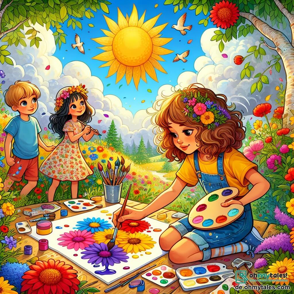 Illustration eines sonnigen Gartens, gefüllt mit bunten Blumen in leuchtenden Rot-, Gelb- und Violetttönen, unter einem großen blauen Himmel, der mit einigen flauschigen weißen Wolken übersät ist. In der Mitte ein 11-jähriges Mädchen mit lockigen, kastanienbraunen Haaren, das ein gelbes T-Shirt und eine Jeansshorts trägt. Sie hockt konzentriert und malt auf ein großes Stück Papier mit leuchtenden Farben, das die Essenz des Sommers einfängt. Neben ihr stehen zwei Freunde: ein 12-jähriger Junge mit kurzen blonden Haaren, der ein blaues T-Shirt trägt und eine Malpalette hält, und ein 11-jähriges Mädchen mit langen schwarzen Haaren in einem Blumenkleid, das bewundernd die Arbeit ihrer Freundin beobachtet. Die Szene strahlt eine fröhliche und kreative Atmosphäre aus, mit verstreuten Pinsel und Farbspritzern auf dem Boden. Vögel singen in den Bäumen und verleihen diesem magischen Sommermoment eine lebendige Note.
