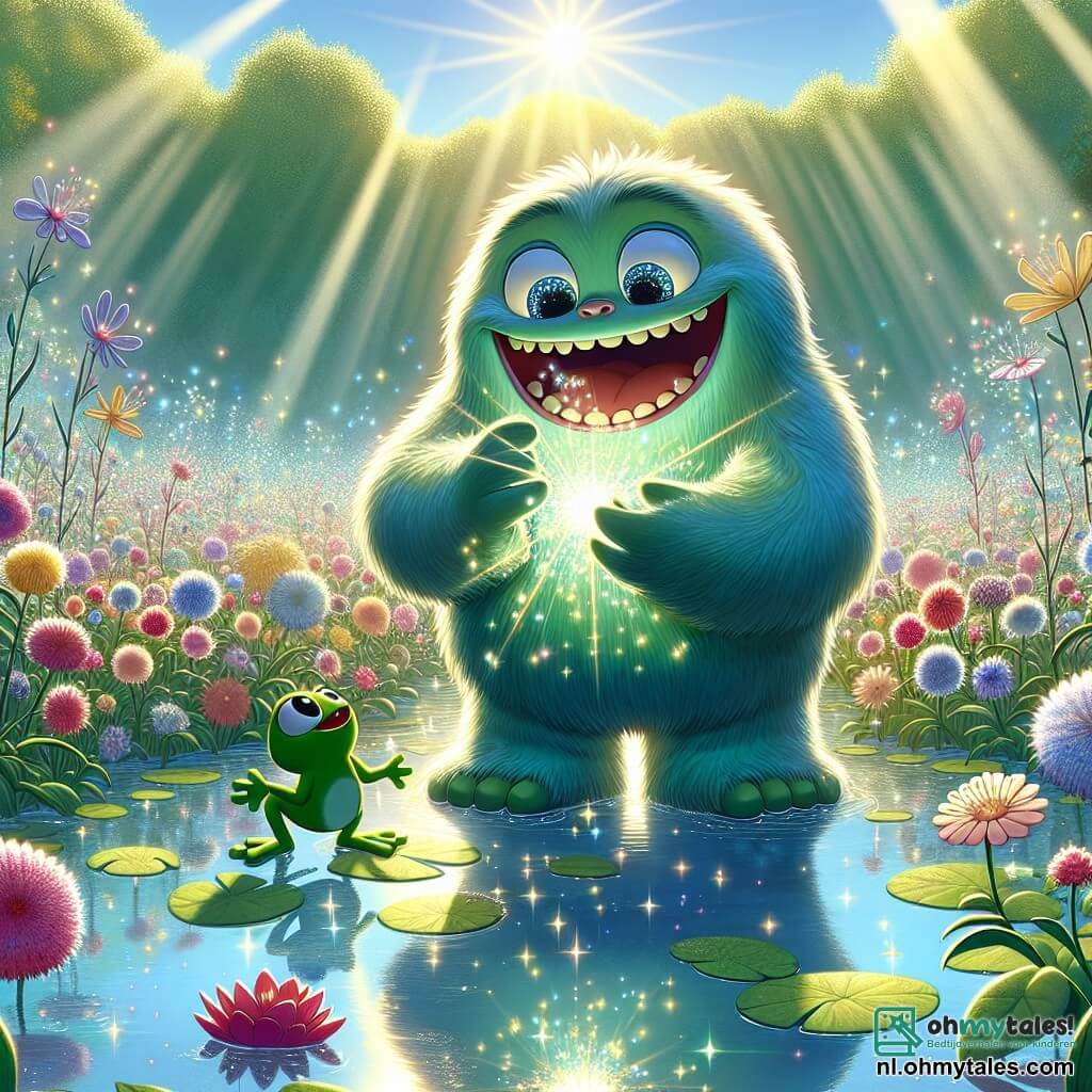 Illustratie van een uitgestrekt betoverd moeras, waar kleurrijke bloemen met glinsterende bloemblaadjes bloeien aan de rand van een helder en glinsterend water. Het zonlicht breekt door een lichte mist, waardoor een magische en mysterieuze sfeer ontstaat. In het midden van de scène staat een grote vriendelijke monster, met een zachte, harige groene huid, drie ronde ogen die van vreugde sprankelen. Hij glimlacht breed, toont zijn witte en vriendelijke tanden, terwijl hij voorzichtig een glanzende steen in zijn grote handen vasthoudt. Naast hem springt een kleine groene kikker, nauwelijks groter dan een kinderhand, vrolijk. Ze heeft grote ronde ogen en een ondeugende glimlach, en ze lijkt het monster enthousiast aan te moedigen. De hoofdscène toont het monster en de kikker die de ontdekking van de Droomsteen vieren, een fonkelende steen die het moeras verlicht, terwijl glinsterende sterren boven het water beginnen te dansen. Vreugdebubbels zweven om hen heen, en bloemen openen zich nog meer, alsof ze dansen op het ritme van hun geluk.
