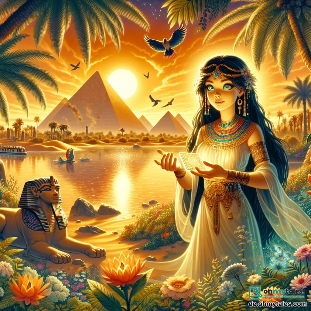 Eine Illustration, die eine magische Landschaft am Nil darstellt, wo majestätische Pyramiden unter einem goldenen Himmel stehen, erleuchtet von den ersten Sonnenstrahlen. Die Szene ist erfüllt von grünen Palmen und bunten Blumen, während der Fluss wie ein Spiegel glitzert. Im Zentrum hält eine junge Frau mit langen schwarzen Haaren, gekleidet in ein leichtes, mit ägyptischen Mustern verziertes Kleid, eine kleine Steintafel in ihren Händen. Ihr Gesicht zeigt Neugier und Entschlossenheit, ihre strahlenden Augen reflektieren das Sonnenlicht. An ihrer Seite steht eine weise alte Frau, wahrscheinlich in den sechziger Jahren, mit geflochtenem grauem Haar und einem wohlwollenden Blick, die ein langes Kleid und goldene Schmuck trägt. Sie beobachtet sie aufmerksam und ist bereit, wertvolle Ratschläge zu geben. Die Hauptsituation zeigt die junge Frau, die das Geheimnis des schlafenden Titanen entdeckt, während ein leichter Wind die Blätter um sie herum tanzen lässt. Mysteriöse Glyphen schweben in der Luft, erleuchtet vom goldenen Licht des Morgens, und schaffen eine mystische und bezaubernde Atmosphäre.
