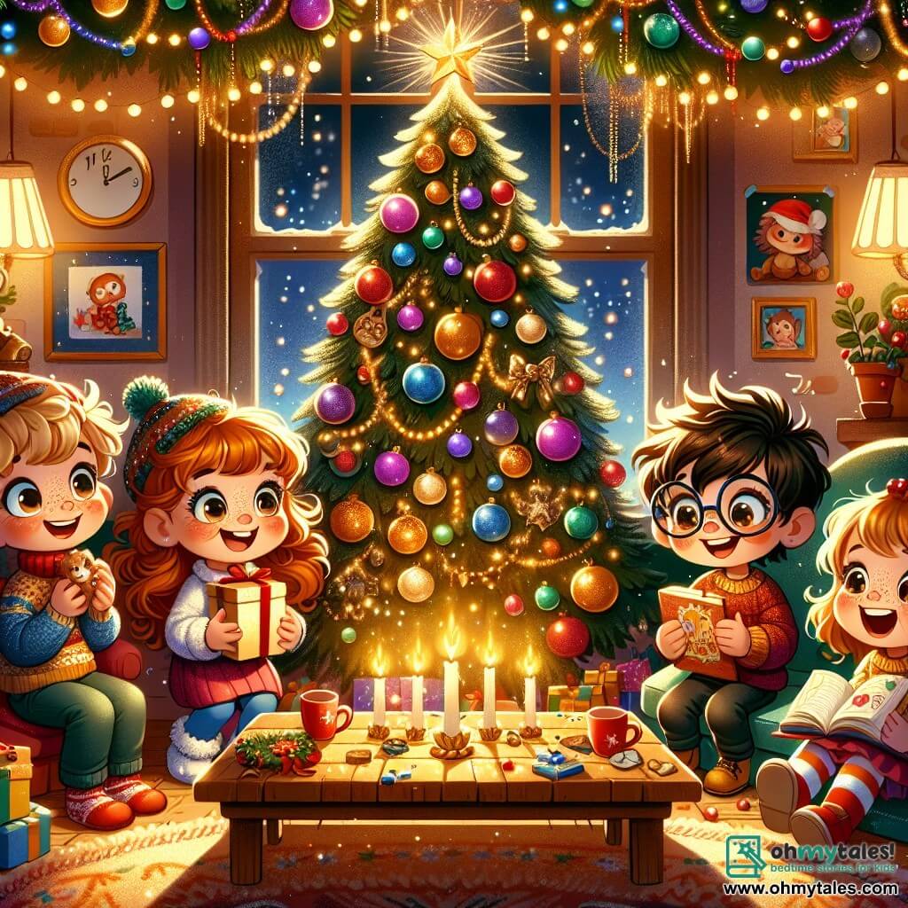The illustration depicts a festive scene in a cozy living room decorated for New Year's. The wall is adorned with colorful garlands and twinkling lights, while a large Christmas tree sparkles with multicolored ornaments and golden stars. In the center of the room, four children gather around a wooden coffee table, their faces illuminated by the soft glow of candles. 

An 8-year-old boy with messy blond hair and sparkling eyes holds a small gift in his hands, wearing a mischievous smile. Next to him, a 7-year-old girl with curly red hair and freckles gazes at the package with wide eyes, full of excitement. Another boy, 9 years old with brown hair and round glasses, flips through a magic book, looking focused and curious. Finally, an 8-year-old girl with braided black hair and a colorful sweater writes in a journal, her face radiating joy. 

The main scene shows the children discovering a treasure of surprises for New Year's, surrounded by laughter and happiness, while colorful confetti floats in the air, adding a touch of magic to the festive atmosphere. Plates of cookies and sparkling drinks are laid out on the table, creating a friendly and joyful ambiance.