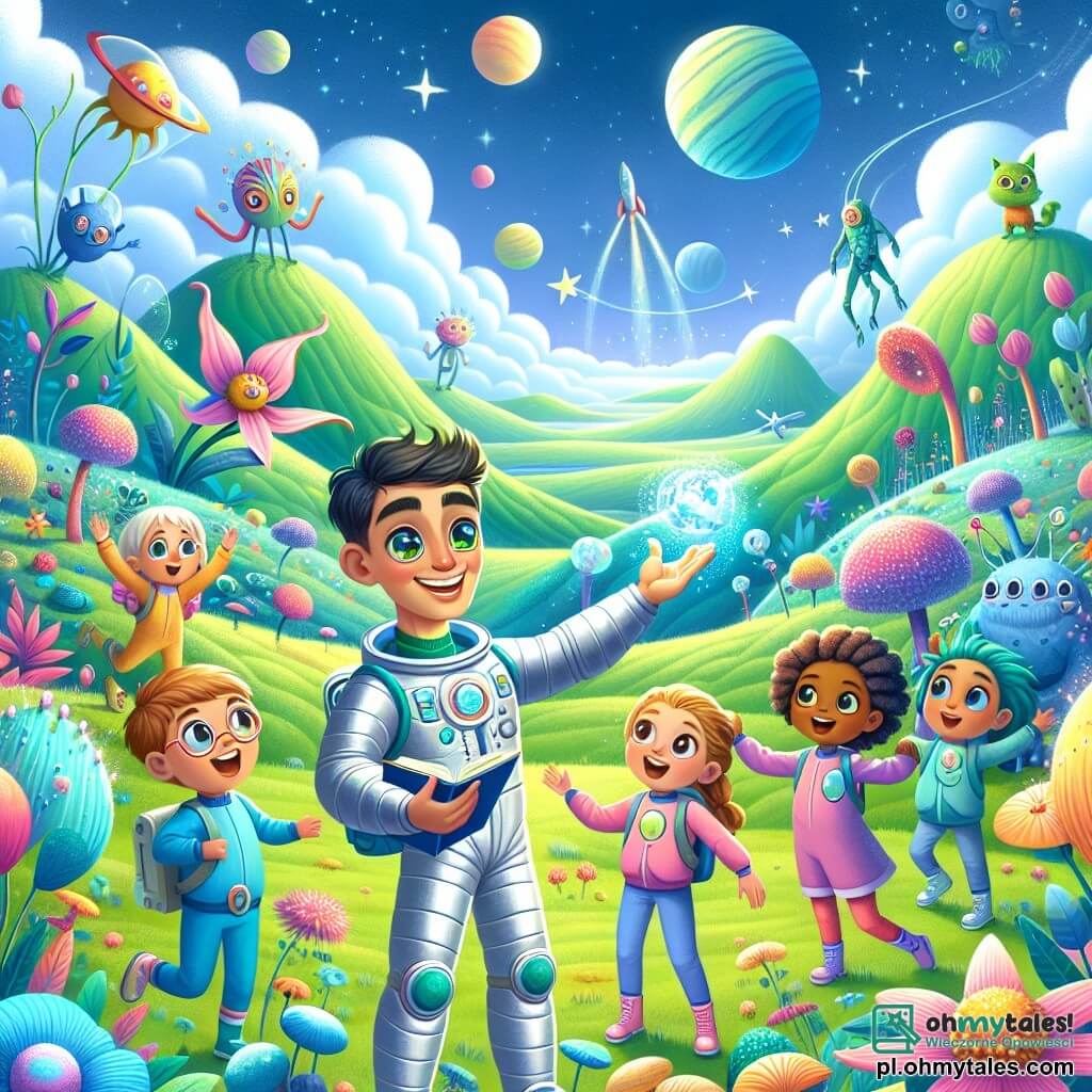 Ilustracja przedstawiająca żywą scenę na obcej planecie, gdzie zielone wzgórza rozciągają się aż po horyzont, usiane kolorowymi kwiatami i fantastycznymi stworzeniami o dziwnych kształtach. Niebo ma intensywny niebieski kolor, a na nim świecą dwa słońca i chmurki w pastelowych odcieniach. W centrum obrazu stoi mężczyzna z brązowymi włosami i błyszczącymi oczami, ubrany w srebrny skafander kosmiczny, z entuzjastycznym uśmiechem. Pokazuje dzieciom cuda tej nowej planety, wskazując na luminescencyjną roślinę, która emituje delikatne światło. Wokół niego znajduje się pięcioro dzieci w wieku około 8-10 lat, każde w kolorowym skafandrze kosmicznym. Dziewczynka z blond, kręconymi włosami skacze z radości, podczas gdy chłopiec w okrągłych okularach uważnie obserwuje małą niebieską istotę, która się zbliża. Inna dziewczynka z warkoczami robi notatki w małym zeszycie, a chłopiec z czarnymi włosami i inny z rudymi rozmawiają entuzjastycznie o odkryciach. Główna sytuacja pokazuje grupę w trakcie eksploracji, zachwyconą pięknem planety, z elementami graficznymi takimi jak migoczące gwiazdy w tle i statki kosmiczne unoszące się nad nimi, co dodaje przygody tej magicznej scenie.
