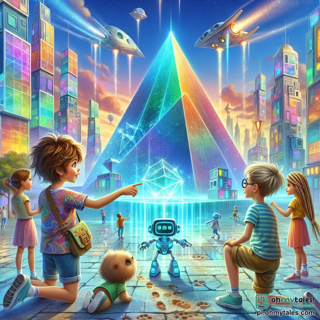 Ilustracja przedstawiająca żywą scenę w futurystycznym świecie, gdzie budynki o geometrycznych i kolorowych kształtach wznoszą się pod jasnoniebieskim niebem, usianym delikatnymi chmurami. W centrum dziewięcioletni chłopiec z rozczochranymi brązowymi włosami i błyszczącymi ciekawością oczami nosi kolorowy t-shirt i szorty. Wskazuje palcem na ogromną holograficzną piramidę, która błyszczy w blasku, z zachwyconym uśmiechem na twarzy. Obok niego stoi dziesięcioletnia dziewczynka z długimi warkoczami blond włosów i okrągłymi okularami, uważnie obserwująca małego robota, który unosi się obok nich. Ma na sobie lekką sukienkę w pastelowych kolorach i trzyma futurystyczny aparat fotograficzny, gotowa uchwycić ten niesamowity moment. Inny chłopiec, około dziewięcioletni, z kasztanowymi włosami i zielonymi oczami, klęczy i bada ślady na ziemi, wyglądając na skoncentrowanego. Scena emanuje atmosferą przygody i odkrycia, z wizualnymi elementami takimi jak latające pojazdy w tle, drzewa z błyszczącymi liśćmi i dzieci bawiące się technologicznymi gadżetami. Całość przywołuje ekscytację podróży w czasie, gdzie każdy szczegół opowiada historię ciekawości i przyjaźni.