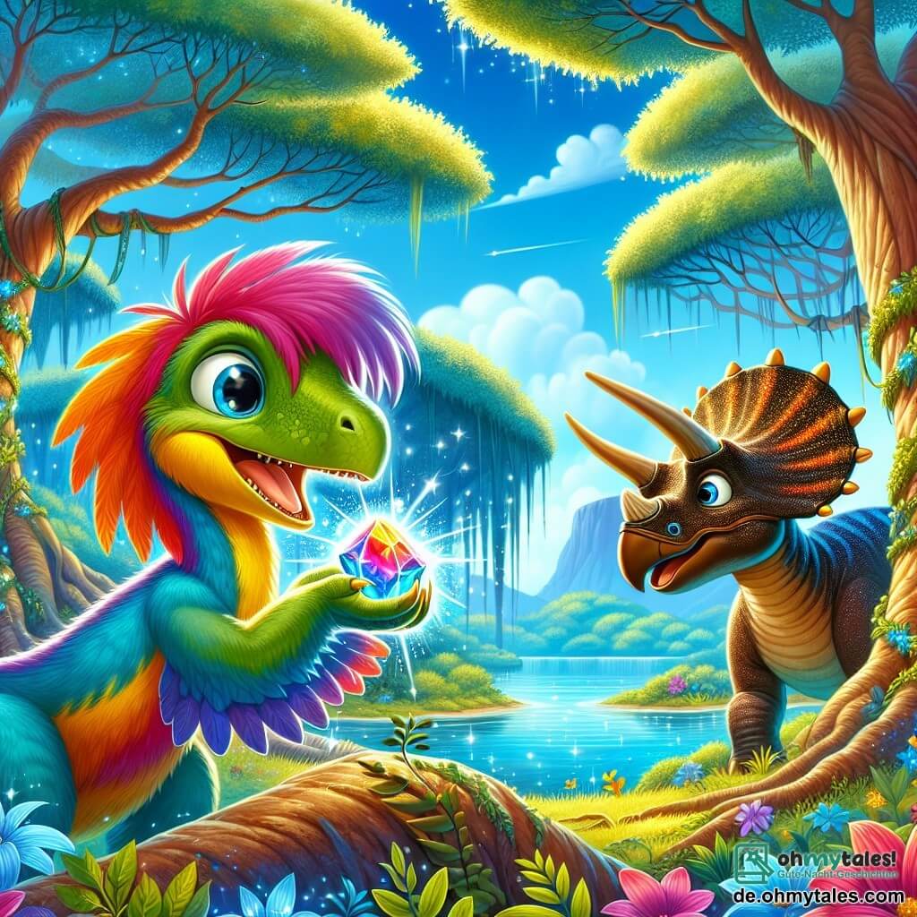 Illustration einer magischen Szene auf einer prähistorischen Insel, wo große Bäume mit dicken Stämmen und üppigem Laub in einen strahlend blauen Himmel ragen. In der Mitte hält ein farbenfroher Velociraptor mit schlanker Gestalt und neugierigen Augen in seinen kleinen Pfoten ein glänzendes Artefakt, das in tausend Farben funkelt. An seiner Seite schaut ein freundlicher Triceratops mit einer großen Stirnrampe und lebhaften Mustern auf seiner Haut fasziniert auf das Artefakt. Die beiden Dinosaurier schweben leicht über dem Boden, umgeben von leuchtenden Blumen und einem funkelnden See im Hintergrund, während ein Sonnenstrahl ihr Abenteuer erhellt. Die Atmosphäre ist fröhlich und voller Magie und fängt den Moment ein, in dem die Freunde die Kraft des Artefakts entdecken.