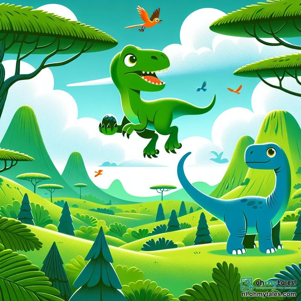 Illustratie van een uitgestrekt prehistorisch landschap, met groene heuvels en gigantische bomen met weelderige bladeren. In het midden stijgt een felgroene velociraptor met heldere ogen de lucht in, met een lange staart en scherpe klauwen, terwijl hij een glinsterende steen in zijn kleine pootjes vasthoudt. Naast hem kijkt een vriendelijke brontosaurus, met een lange nek en een blauwachtige huid, verwonderd toe, haar grote ronde ogen vol vreugde. De scène straalt een sfeer van avontuur en magie uit, met donzige wolken die in een stralend blauwe lucht drijven. Kleurrijke vogels vliegen om hen heen en voegen een vleugje leven toe aan dit prachtige moment waarop de velociraptor voor het eerst het plezier van vliegen ontdekt.