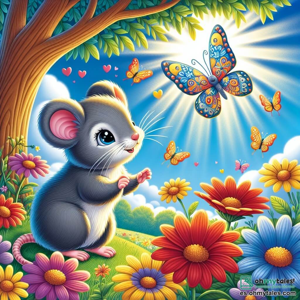 Ilustración que representa un hermoso jardín en pleno verano, lleno de flores coloridas con pétalos brillantes de rojo, amarillo y violeta, bajo un cielo azul claro salpicado de nubes blancas esponjosas. En el centro de la imagen, un pequeño ratón gris, con un pelaje suave y ojos brillantes de curiosidad, se encuentra sobre sus patas traseras, mirando con determinación a una mariposa de alas delicadas y coloridas que vuela a su alrededor. La mariposa, con patrones de azul y naranja en sus alas, parece inquieta pero llena de esperanza. En el fondo, majestuosos árboles con hojas verdes exuberantes ofrecen sombra, y rayos de sol se filtran a través de las ramas, creando un ambiente cálido y acogedor. El ratón, listo para ayudar a su amiga, levanta una pata como para mostrar el camino, mientras la mariposa revolotea alegremente a su alrededor, simbolizando su amistad y su búsqueda común de un nuevo hogar. Detalles adicionales incluyen mariposas coloridas que bailan en el aire y flores que se mecen suavemente al ritmo del viento, añadiendo un toque de magia a esta escena de aventura y amistad.