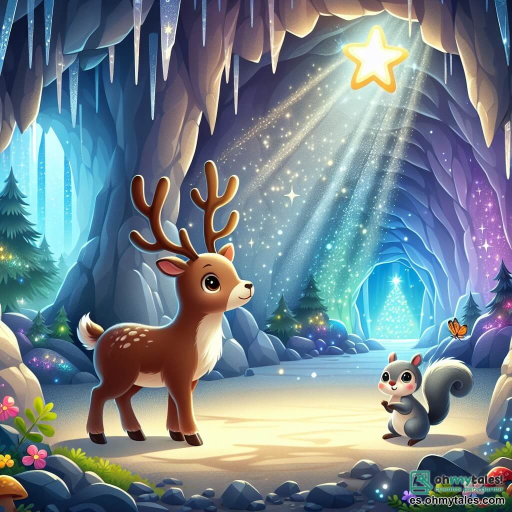 Ilustración que representa una cueva misteriosa, con paredes rocosas brillantes y sombras danzantes. En el interior, un majestuoso reno con grandes cuernos brillantes y suave pelaje marrón se encuentra en el centro, mirando con curiosidad una estrella luminosa que flota en el aire. A su lado, un pequeño ardilla de pelaje gris y grandes ojos chispeantes, saltando de emoción, lo observa con asombro. La escena emana una atmósfera mágica, con destellos de luz que emanan de la estrella y reflejos brillantes en las paredes de la cueva. Flores coloridas y pequeñas criaturas del bosque se pueden ver en la entrada de la cueva, añadiendo un toque de vida y alegría a la ilustración.
