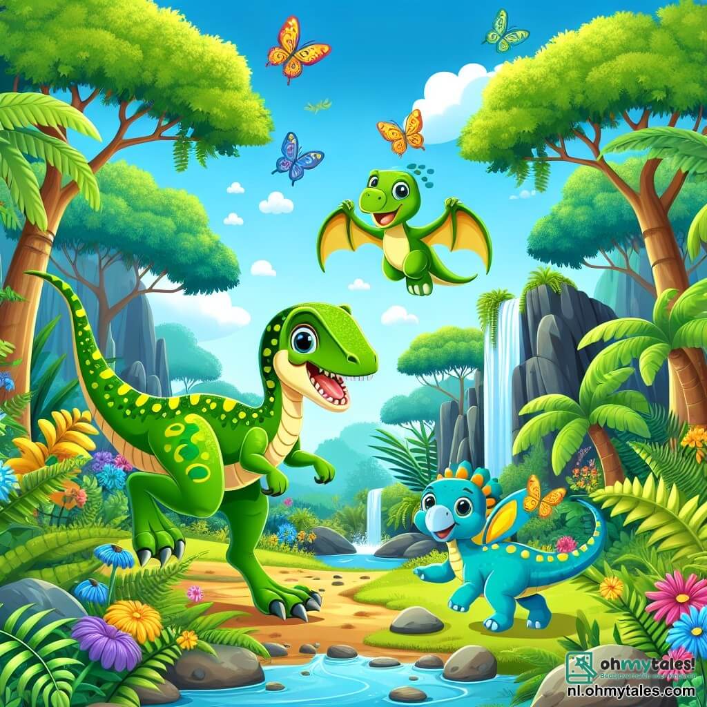 Illustratie die een levendige scène in een weelderige jungle weergeeft, waar grote groene varens en kleurrijke bloemen bloeien onder een stralende blauwe lucht. In het midden springt een velociraptor met glanzende groene schubben en kleine gele vlekken vrolijk, zijn ogen sprankelend van nieuwsgierigheid. Naast hem staat een kleine blauwe pterosaurus met een zachte uitdrukking op haar gezicht, die haar vleugels spreidt terwijl ze om zich heen kijkt, duidelijk opgewonden door het avontuur. Op de achtergrond observeert een grote triceratops met een wijze blik de scène, wat een vleugje majesteit aan de omgeving toevoegt. De hoofdactie toont de velociraptor en de pterosaurus terwijl ze de jungle verkennen, omringd door prachtige bomen met dikke stammen en een sprankelende waterval die in een klein beekje stroomt. Kleurrijke vlinders fladderen om hen heen, wat een vrolijke en magische sfeer aan dit prehistorische avontuur toevoegt.
