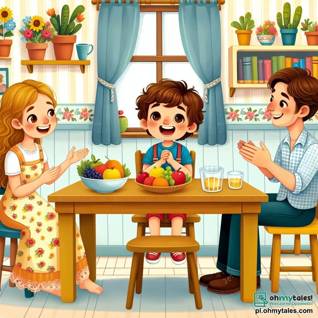 Ilustracja przedstawiająca ciepłą scenę w małej kuchni rodzinnej. Ściany pomalowane są na pastelowy żółty kolor, a drewniane półki są wypełnione książkami i kolorowymi doniczkami. Na środku znajduje się przytulny drewniany stół, nakryty kolorową zastawą i świeżymi owocami. Na pierwszym planie siedzi 7-letni chłopiec z brązowymi, kręconymi włosami, ubrany w niebieską koszulkę i czerwone szorty. Ma ręce na stole i szeroki uśmiech na twarzy, a jego oczy błyszczą z podekscytowania, gdy entuzjastycznie rozmawia z rodzicami. Obok niego siedzi kobieta w wieku około trzydziestu lat, z długimi brązowymi włosami, w kwiecistym fartuchu, która uważnie słucha. Ma łagodny i zachęcający wyraz twarzy, trzymając w jednej ręce drewnianą łyżkę. Naprzeciwko nich siedzi mężczyzna w wieku około trzydziestu lat, z krótkimi włosami i lekką brodą, uśmiechający się i kiwający głową, co pokazuje, że zgadza się z tym, co mówi chłopiec. Główna sytuacja pokazuje chłopca dzielącego się swoimi pomysłami na temat komunikacji w rodzinie, podczas gdy rodzice uważnie go słuchają, tworząc atmosferę zrozumienia i miłości. Dodatkowe elementy graficzne to rysunki serc unoszących się wokół nich, symbolizujące miłość rodzinną, oraz kolorowe dymki dialogowe ilustrujące ich radosne wymiany.