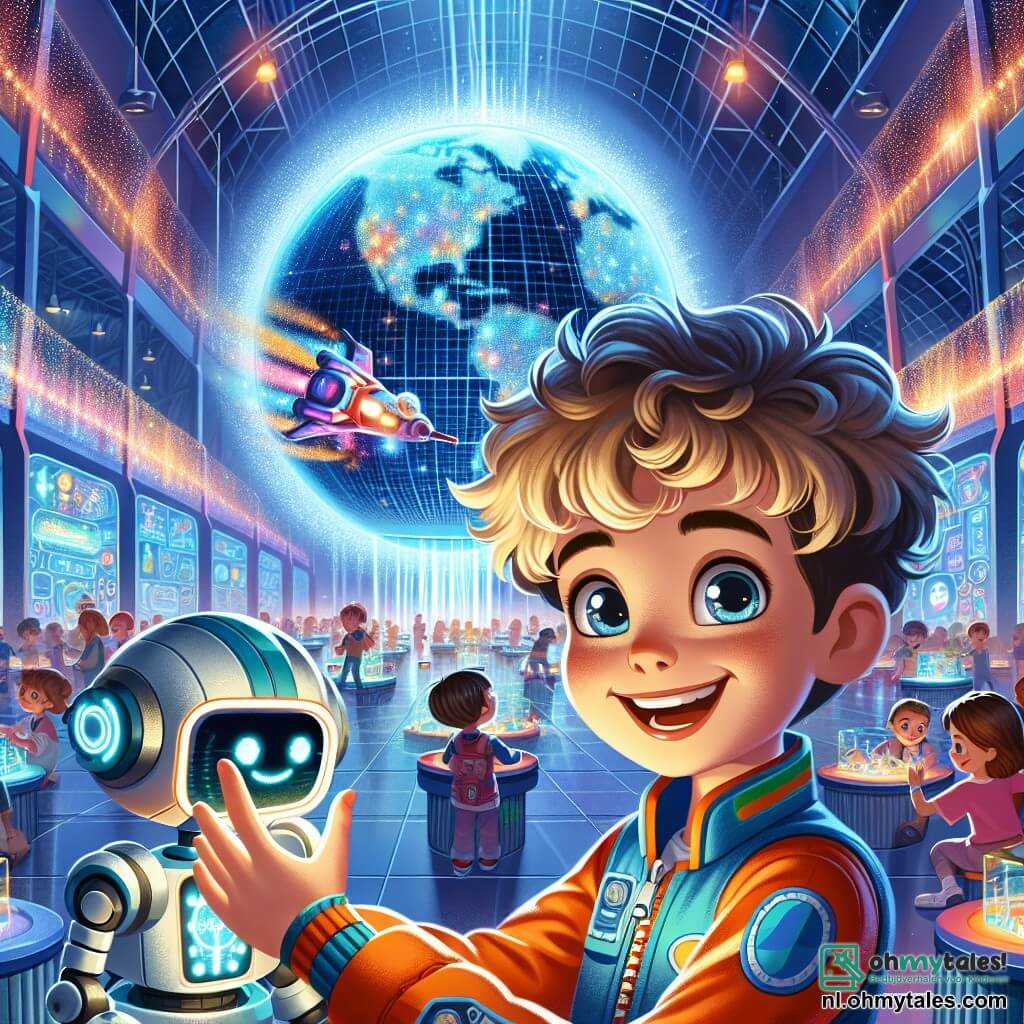Illustratie van een uitgestrekte futuristische hal van een pretpark, gevuld met felle kleuren en fonkelende lichten. In het midden straalt een grote hologram in de vorm van een globe intens, terwijl het beelden van fantastische werelden projecteert. Een 7-jarig jongetje met krullend blond haar draagt een kleurrijke pilotenoutfit en heeft een grote glimlach op zijn gezicht. Hij raakt het hologram aan met verwondering, zijn ogen sprankelend van nieuwsgierigheid. Naast hem staat een vriendelijke robot met een zilveren lichaam en heldere ogen, klaar om hem te begeleiden in zijn avonturen. Op de achtergrond zijn andere kinderen van verschillende leeftijden en achtergronden druk bezig rond tafels vol gadgets en technologie, terwijl ze robots bouwen en met drones spelen. De sfeer is vrolijk en dynamisch, gevuld met lachen en opwinding, wat een moment van ontdekking en vriendschap in een futuristische wereld illustreert.