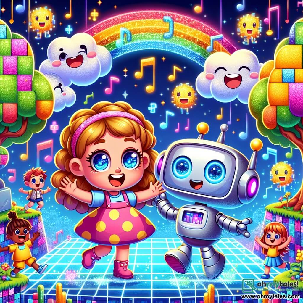 An illustration depicting a colorful and vibrant digital landscape filled with pixelated trees with multicolored leaves, smiley-shaped clouds, and sparkling rivers of music. In the center, a 7-year-old girl with sparkling blue eyes and curly golden hair, dressed in a pink polka-dot dress, is joyfully laughing while playing with a friendly silver-skinned robot that has large round eyes and a bright smile. Next to them, another girl about 7 years old, with smooth brown hair in a braid, wearing a yellow t-shirt and blue shorts, watches them with an amazed smile, ready to join their adventure. The main scene shows the two girls exploring this magical world together, surrounded by games and activities, symbolizing the balance between screen fun and outdoor play happiness. In the background, children are playing interactive games and fantastic creatures are dancing, creating a joyful and dynamic atmosphere.