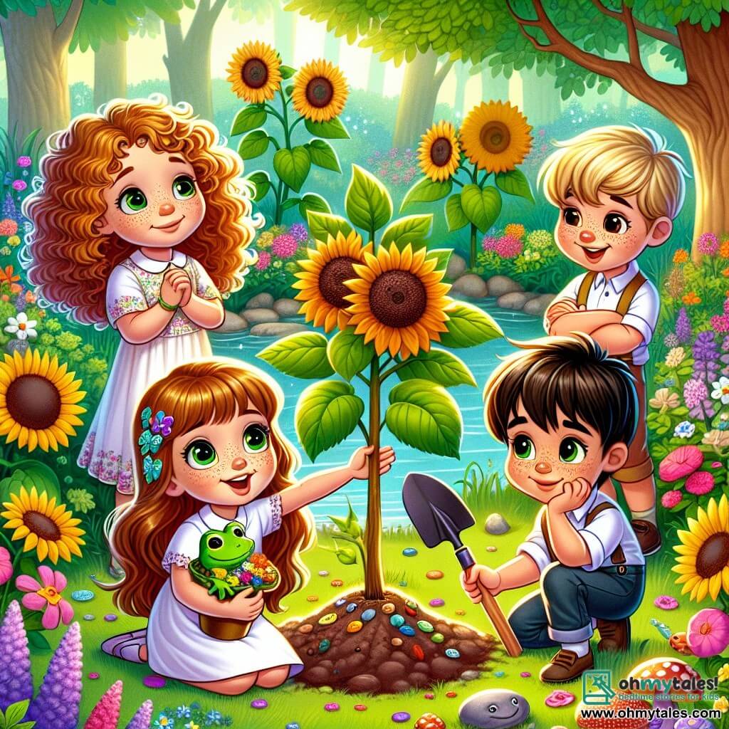 An illustration depicts a magical garden filled with colorful flowers, tall sunflowers swaying gently in the breeze, and a small pond where frogs sing. In the center stands a newly planted young tree, symbolizing memory and love. Four children are present: a 7-year-old girl with curly golden hair, gazing at the tree with bright eyes and a slight smile while holding a small shovel; next to her, a playful 7-year-old boy with brown hair and freckles laughs joyfully while holding a colorful stone; another boy, 7 years old with black hair and glasses, observes thoughtfully with his arms crossed, as if pondering something deep; finally, a 7-year-old girl with brown hair and bangs animatedly tells a story, gesturing with her hands. The scene captures a moment of sharing and comfort, as the children celebrate the memory of a loved one by planting a tree, surrounded by laughter and memories. Colorful butterflies flutter around them, adding a touch of magic to this tender and moving moment.