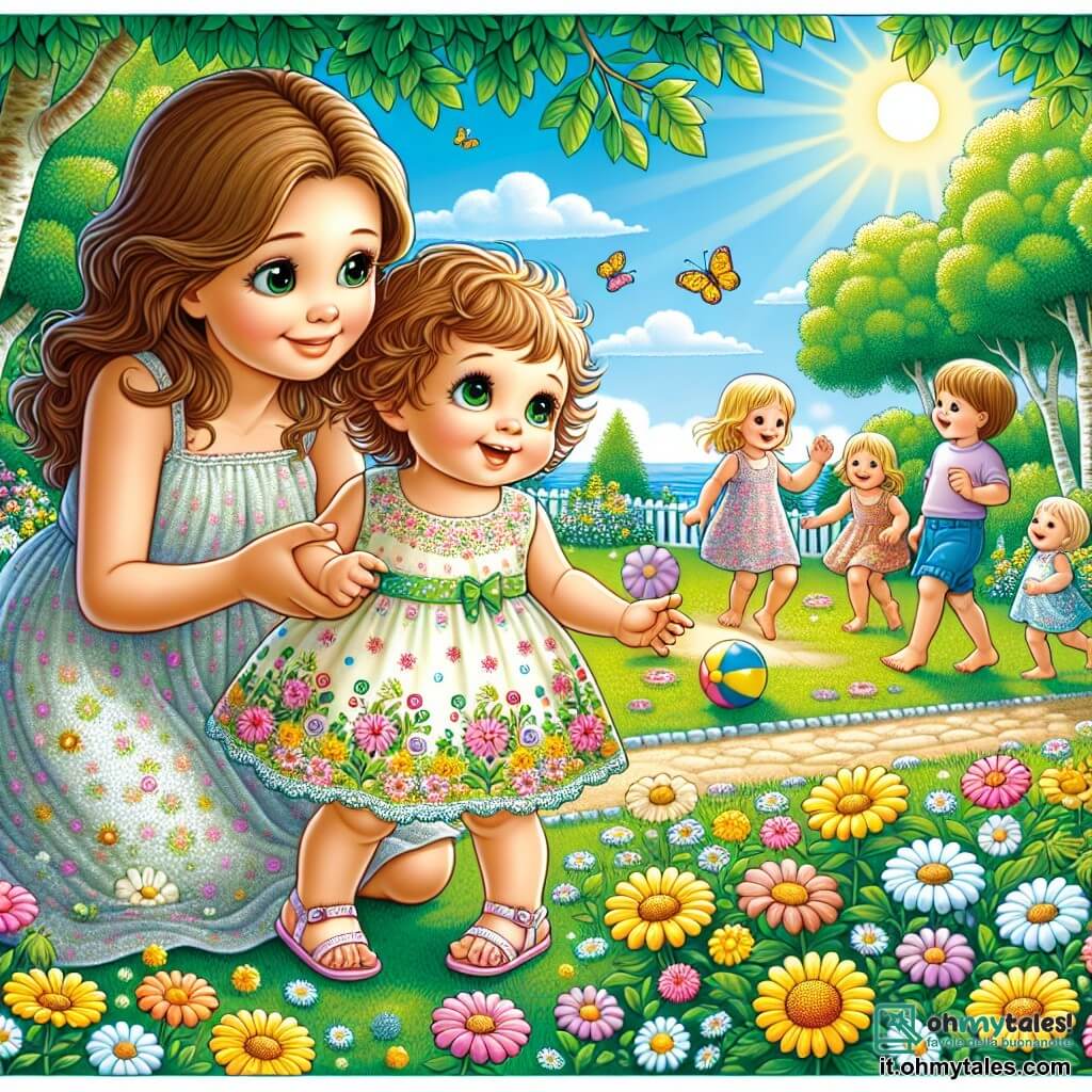 Illustrazione che rappresenta un parco in estate, baciato dalla luce dorata del sole. Gli alberi sono verdi e pieni di foglie, e fiori colorati, gialli e rosa, punteggiano il terreno. Al centro, una bambina di 1 anno, con grandi occhi brillanti e capelli ricci, sorride toccando delicatamente i fiori. Indossa un vestitino leggero a fiori e sandali. Accanto a lei, sua mamma, una donna di circa trent'anni, con lunghi capelli castani, sorridente, osserva la figlia con tenerezza. Sullo sfondo, alcuni bambini di circa 5 anni giocano a lanciare una palla, ridendo e correndo felicemente. La scena trasmette un'atmosfera di felicità e calore estivo, con farfalle che svolazzano intorno ai fiori e un cielo blu punteggiato di nuvole bianche.