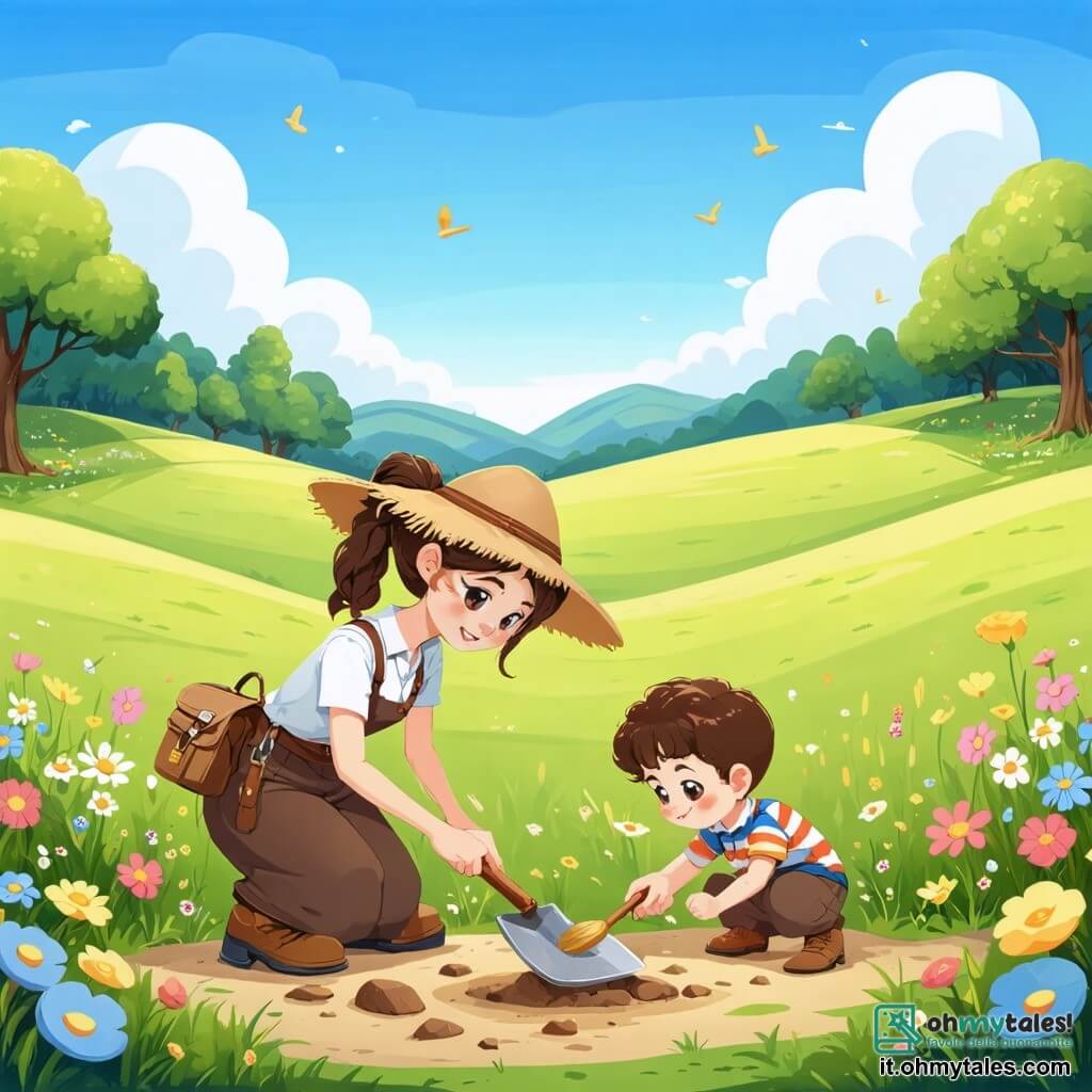 Illustrazione che rappresenta un vasto campo soleggiato, punteggiato di fiori colorati e di verde lussureggiante, con un cielo blu brillante e alcune nuvole bianche soffici. Al centro di questa scena, una donna archeologa, di circa trent'anni, con i capelli castani raccolti in una coda di cavallo, indossa un cappello di paglia e una camicia a maniche corte. È accovacciata, concentrata, tiene una piccola pala in una mano e un pennello nell'altra, mentre libera delicatamente una moneta brillante sepolta nella terra. Nei pressi, un ragazzo di circa dieci anni, con i capelli ricci e gli occhi scintillanti, osserva con fascinazione. Indossa una maglietta colorata e dei pantaloni corti, tenendo un taccuino da disegno tra le mani, pronto a ritrarre ciò che vede. La scena principale mostra la donna mentre scopre un tesoro antico, con un sorriso meravigliato sul volto, mentre il ragazzo, pieno di entusiasmo, si prepara a catturare questo momento magico sul suo taccuino. Sullo sfondo, strumenti archeologici sono sparsi per terra, e alcuni frammenti di ceramica romana sono visibili, aggiungendo un tocco di avventura a questa scena affascinante.
