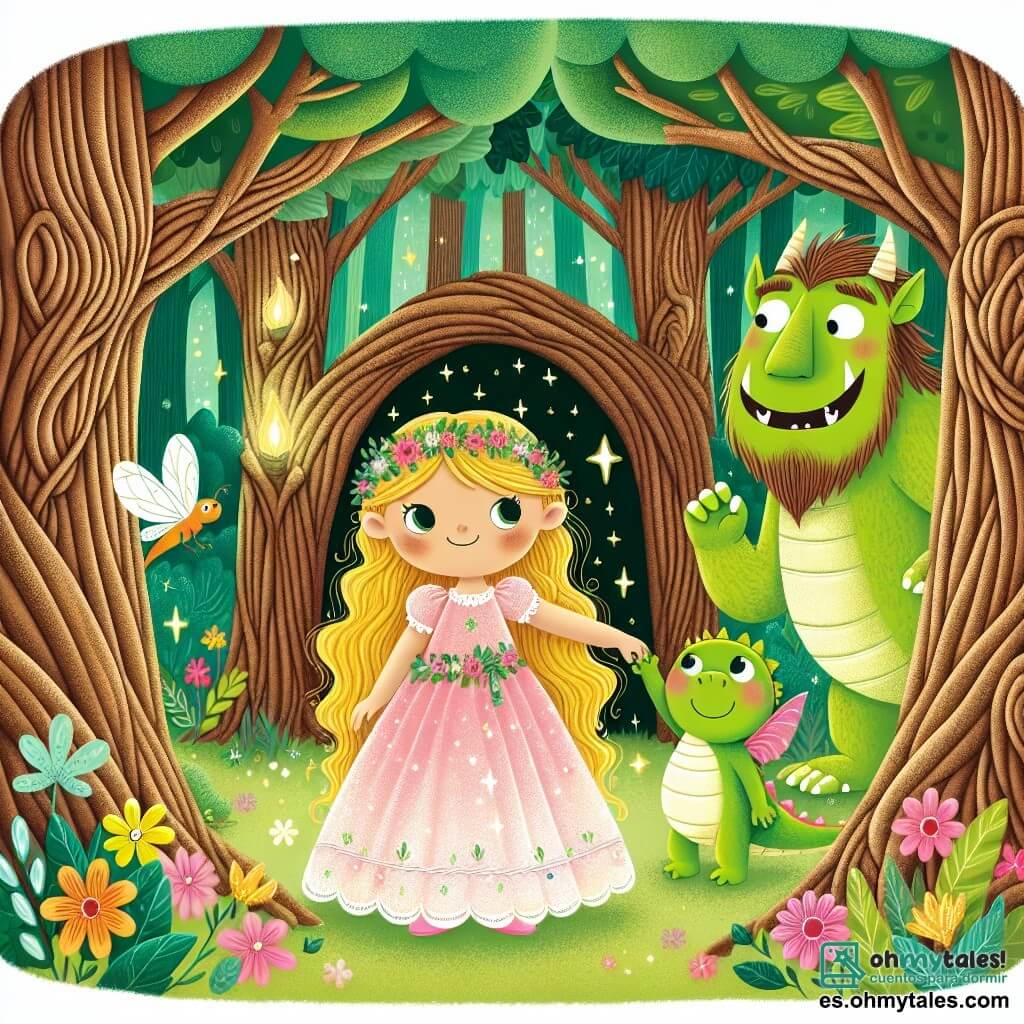 Ilustración que representa una escena mágica en un bosque encantado, donde grandes árboles de troncos retorcidos se elevan hacia el cielo, con sus hojas brillantes centelleando como estrellas. En el centro, una princesa de cabello dorado, vestida con un vestido rosa adornado con flores delicadas, sonríe con determinación, sosteniendo la mano de un pequeño dragón verde de escamas brillantes, que parece a la vez alegre y agradecido. A su lado, un ogro amistoso, grande y robusto, con piel verde y una amplia sonrisa, los observa con benevolencia. Juntos, se encuentran frente a una cueva oscura, de la cual emana una luz misteriosa, simbolizando la aventura que les espera. Flores coloridas y mariposas revolotean a su alrededor, añadiendo un toque de magia a esta escena de amistad y valentía.