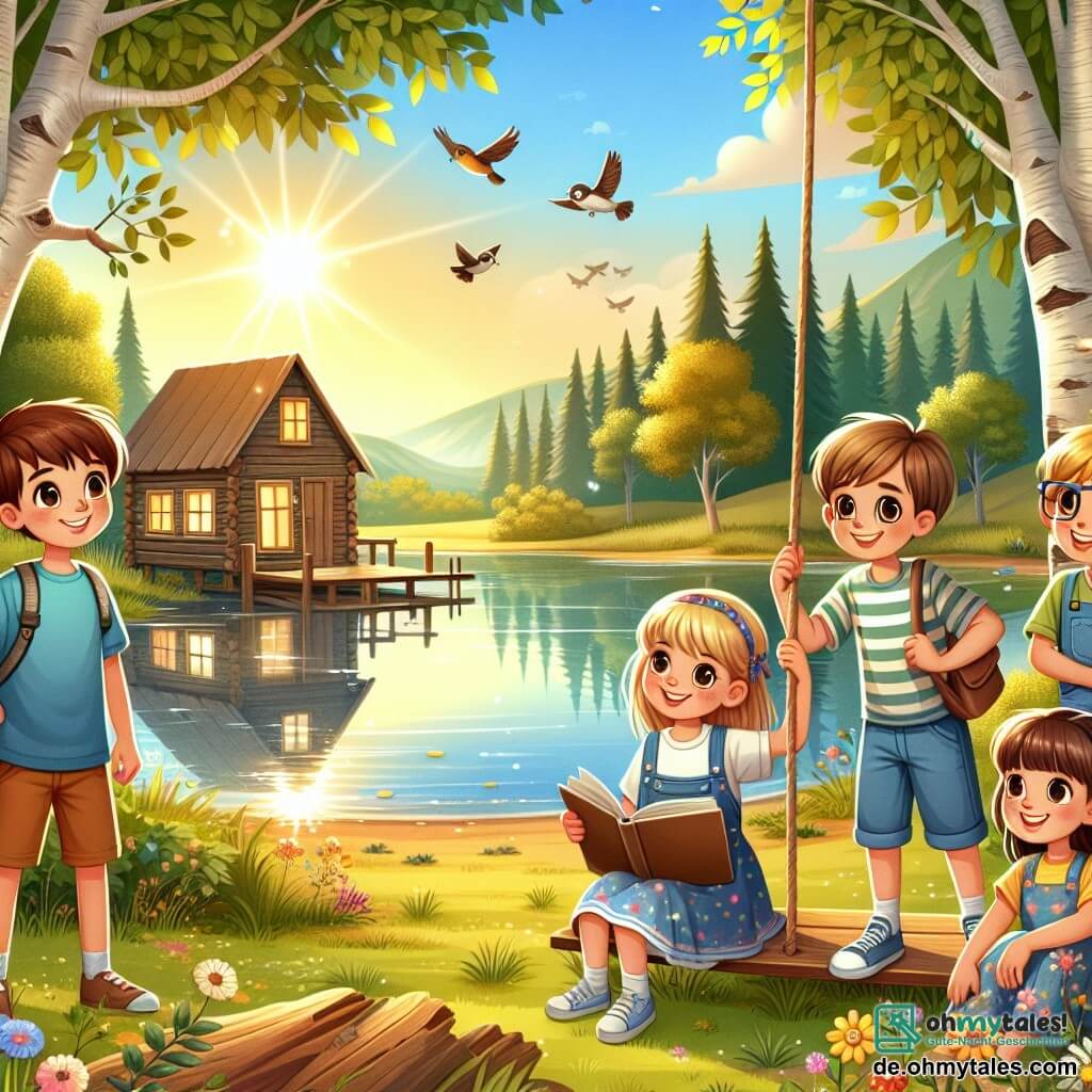 Eine Illustration zeigt eine wunderschöne Lichtung am Ufer eines glitzernden Sees, umgeben von großen Bäumen mit grünen und goldenen Blättern, auf denen sich die Sonne im ruhigen Wasser spiegelt. Im Zentrum der Szene steht eine Gruppe von vier Kindern: ein 12-jähriger Junge mit zerzausten braunen Haaren, der ein blaues T-Shirt und Shorts trägt und mit einer Wasserflasche lächelt. Neben ihm ein 11-jähriges Mädchen mit langen blonden Haaren, das ein buntes Kleid trägt und auf eine alte Holzhütte am anderen Ende des Sees zeigt. Ein weiterer 12-jähriger Junge mit Brille und kastanienbraunen Haaren sitzt auf einer Holzschaukel und schaut staunend zum Himmel. Schließlich ein 10-jähriges Mädchen mit Zöpfen und einem gestreiften T-Shirt, das ein offenes Buch hält und deren Augen vor Aufregung strahlen. Die Szene strahlt eine fröhliche und abenteuerliche Atmosphäre aus, mit Vögeln, die am blauen Himmel fliegen, und bunten Blumen, die verstreut sind und den Geist des Sommers und der Freundschaft symbolisieren.